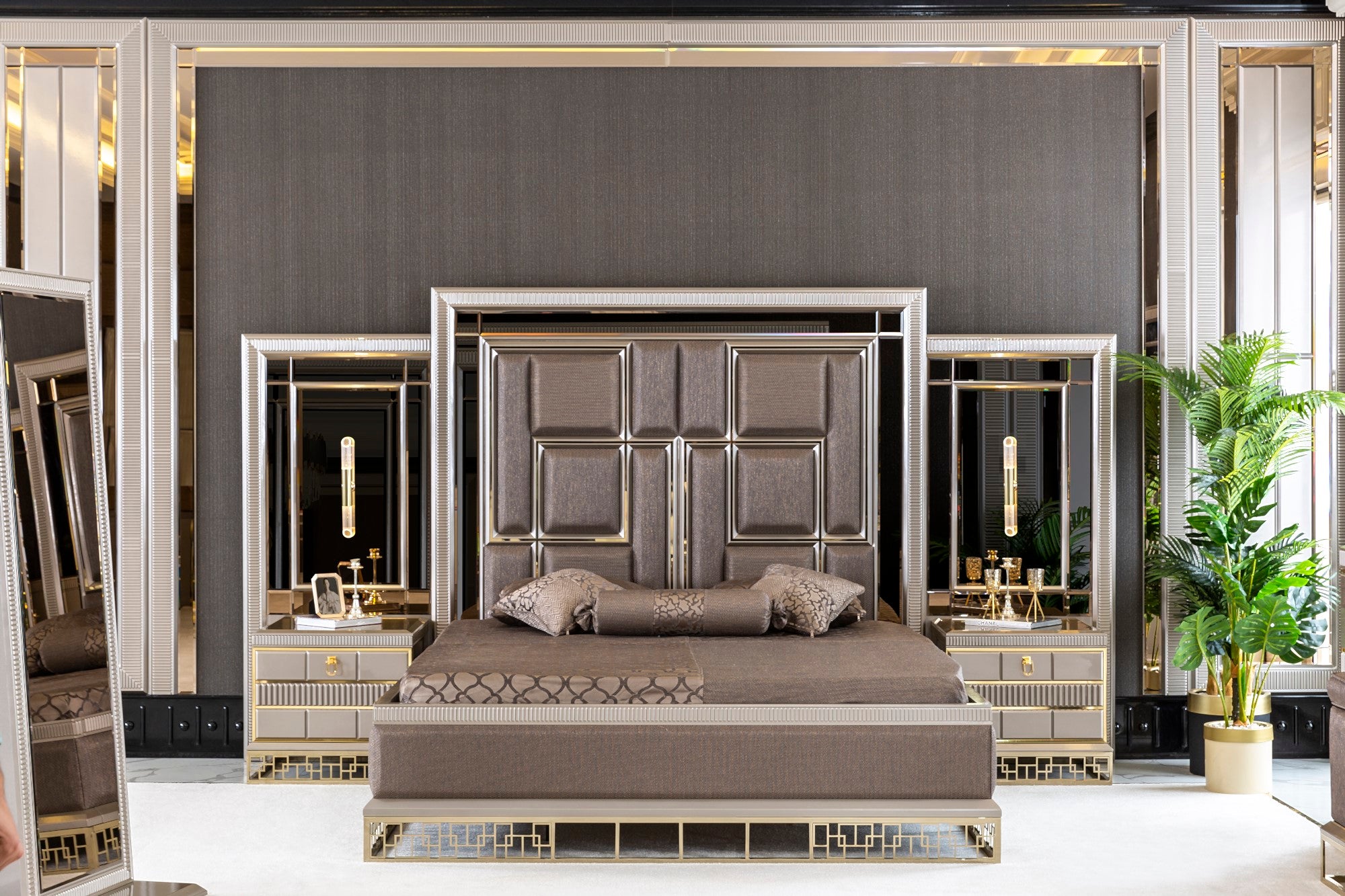 Versace Bedroom (Queen Storage Bed With Headboard & Dresser With Mirror & Pouf & 2 Nightstand With Back Panel & Bench)