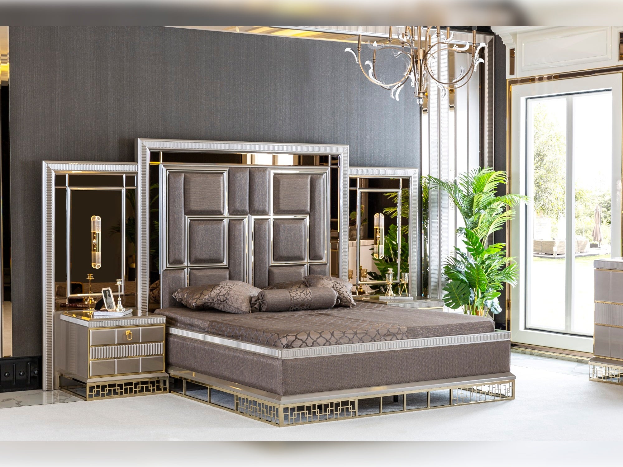 Versace Bedroom (Queen Storage Bed With Headboard & Dresser With Mirror & Pouf & 2 Nightstand With Back Panel & Bench)