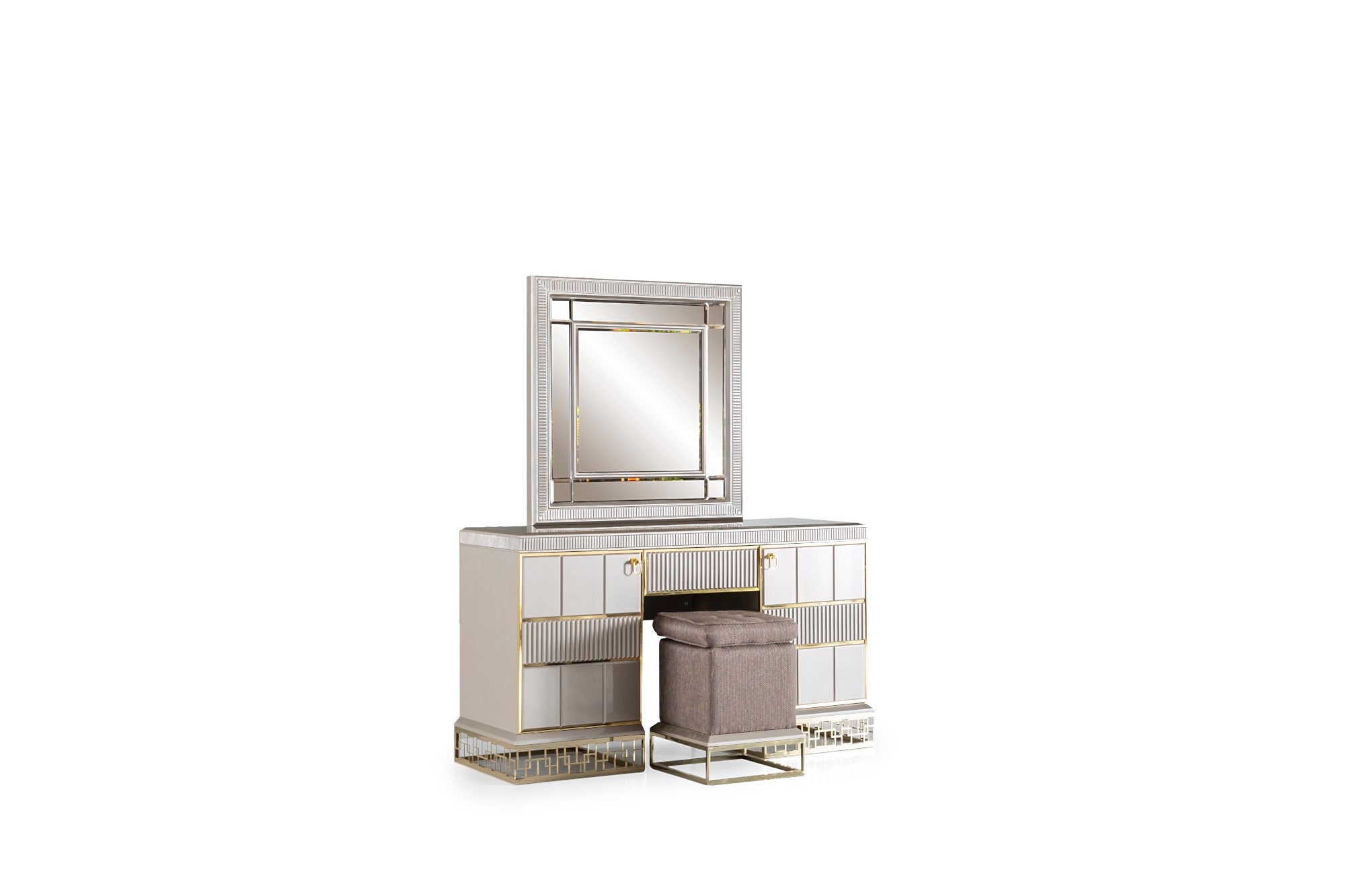 Versace Bedroom (Queen Storage Bed With Headboard & Dresser With Mirror & Pouf & 2 Nightstand With Back Panel & Bench)