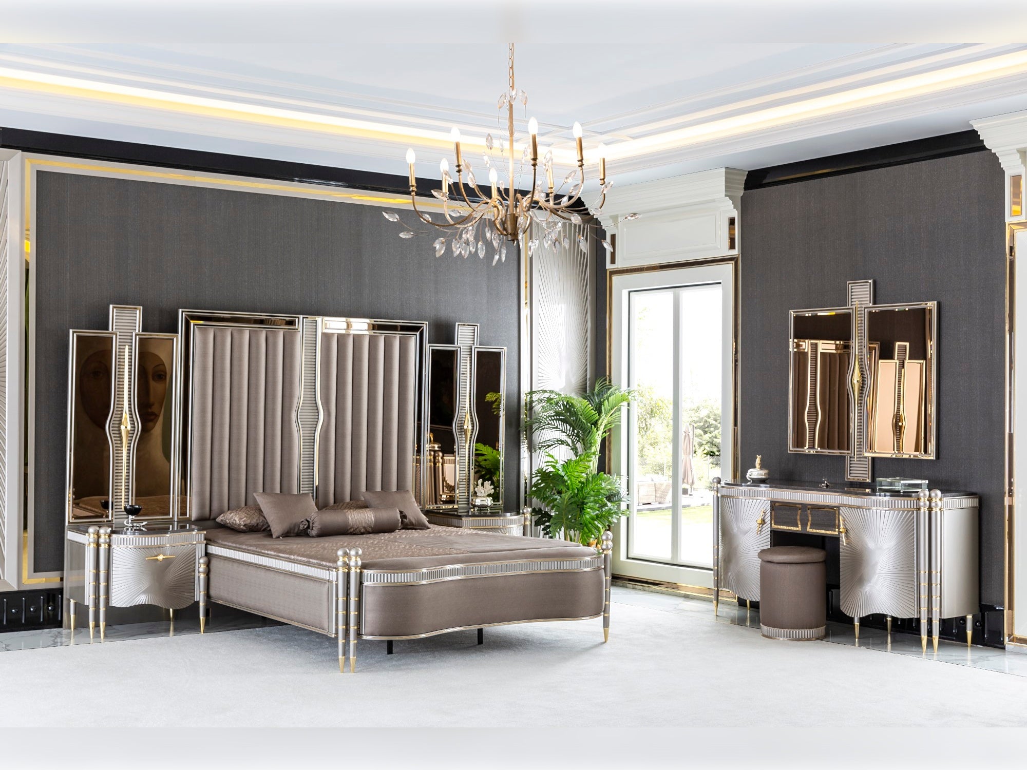 Bentley Bedroom (Queen Storage Bed With Headboard & Dresser With Mirror & Pouf & 2 Nightstand With Back Panel)