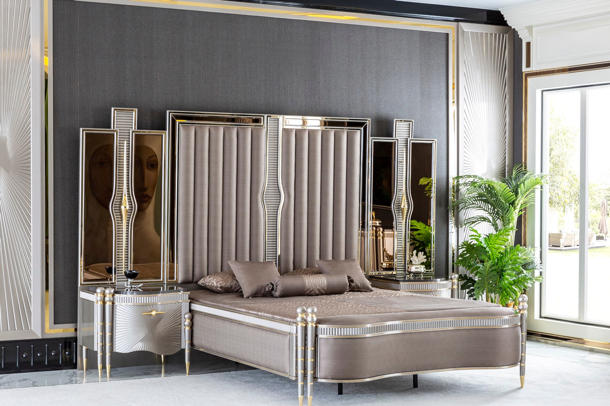 Bentley Bedroom (Queen Storage Bed With Headboard & Dresser With Mirror & Pouf & 2 Nightstand With Back Panel)