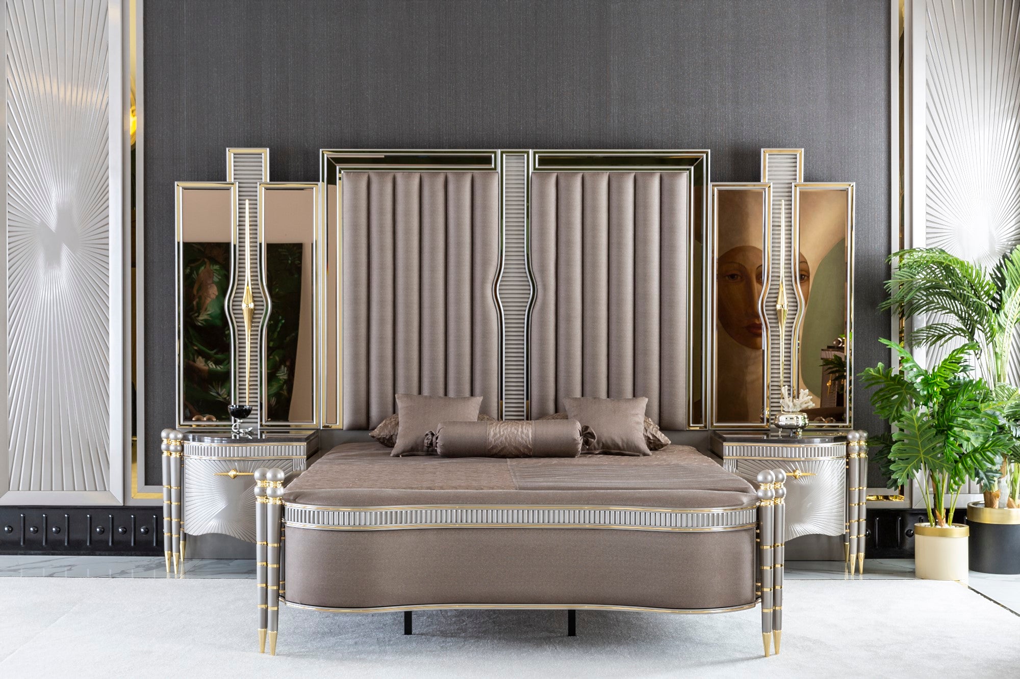 Bentley Bedroom (Queen Storage Bed With Headboard & Dresser With Mirror & Pouf & 2 Nightstand With Back Panel)