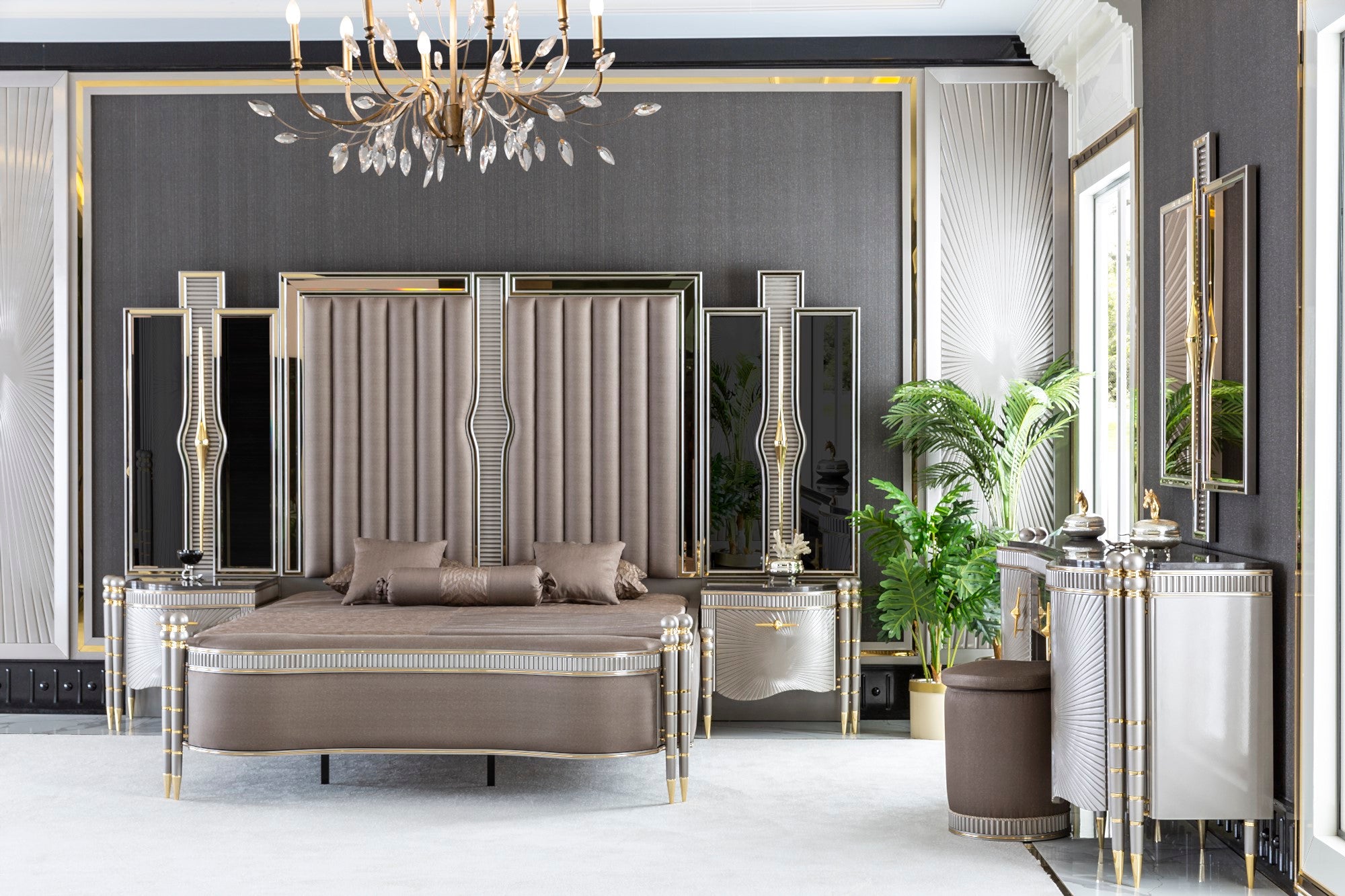 Bentley Bedroom (Queen Storage Bed With Headboard & Dresser With Mirror & Pouf & 2 Nightstand With Back Panel)