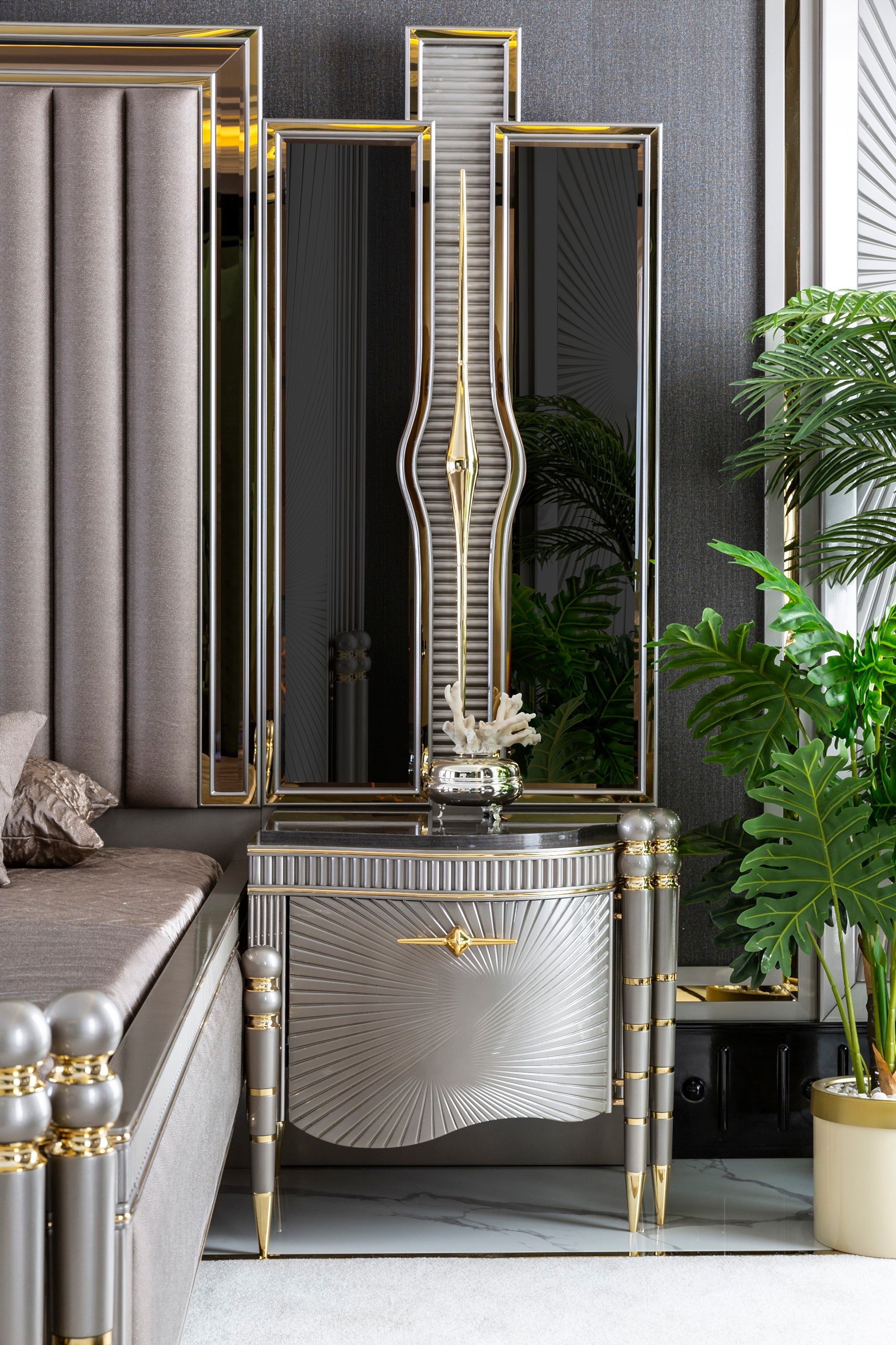 Bentley Bedroom (Queen Storage Bed With Headboard & Dresser With Mirror & Pouf & 2 Nightstand With Back Panel)