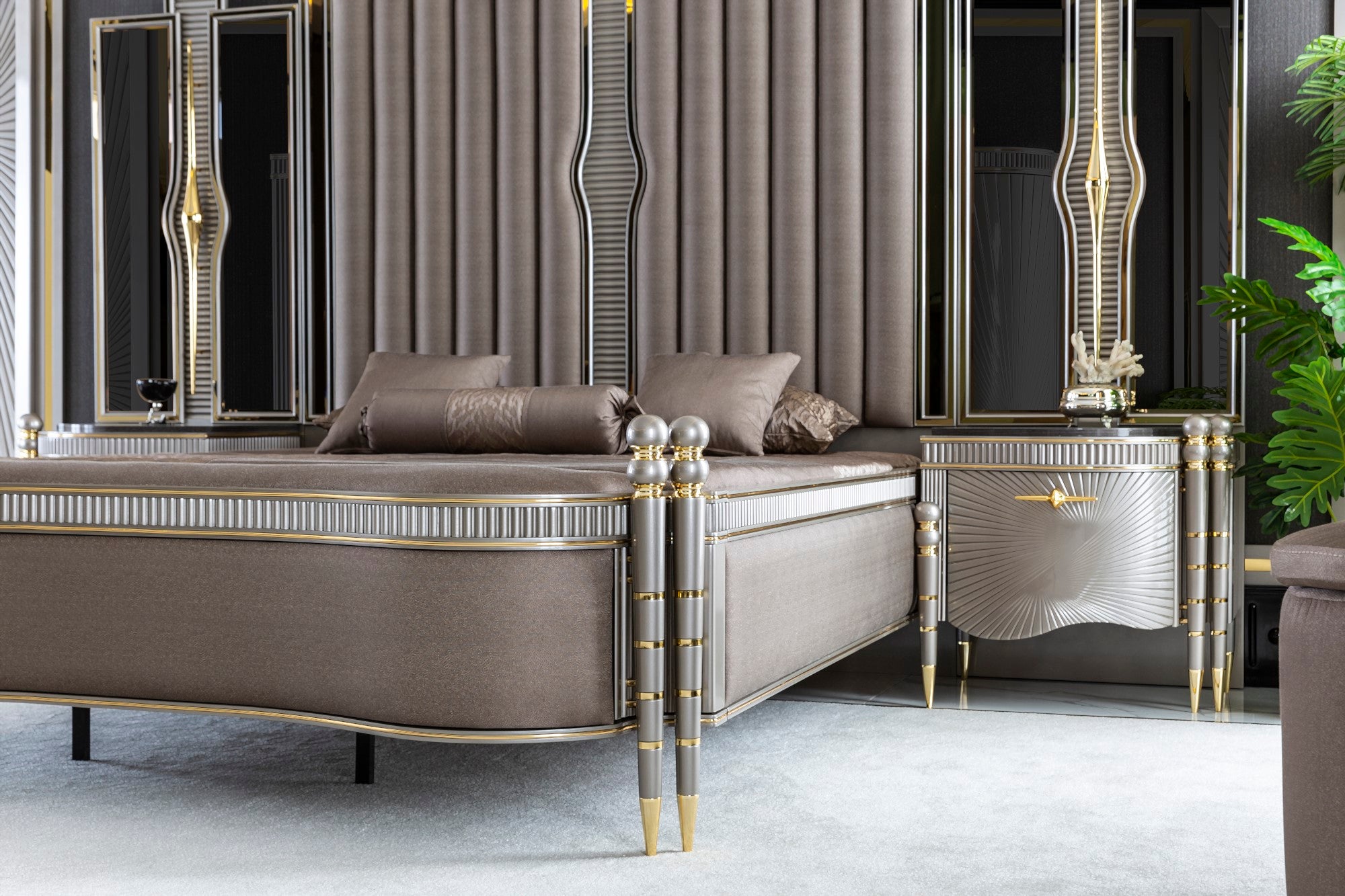 Bentley Bedroom (Queen Storage Bed With Headboard & Dresser With Mirror & Pouf & 2 Nightstand With Back Panel)