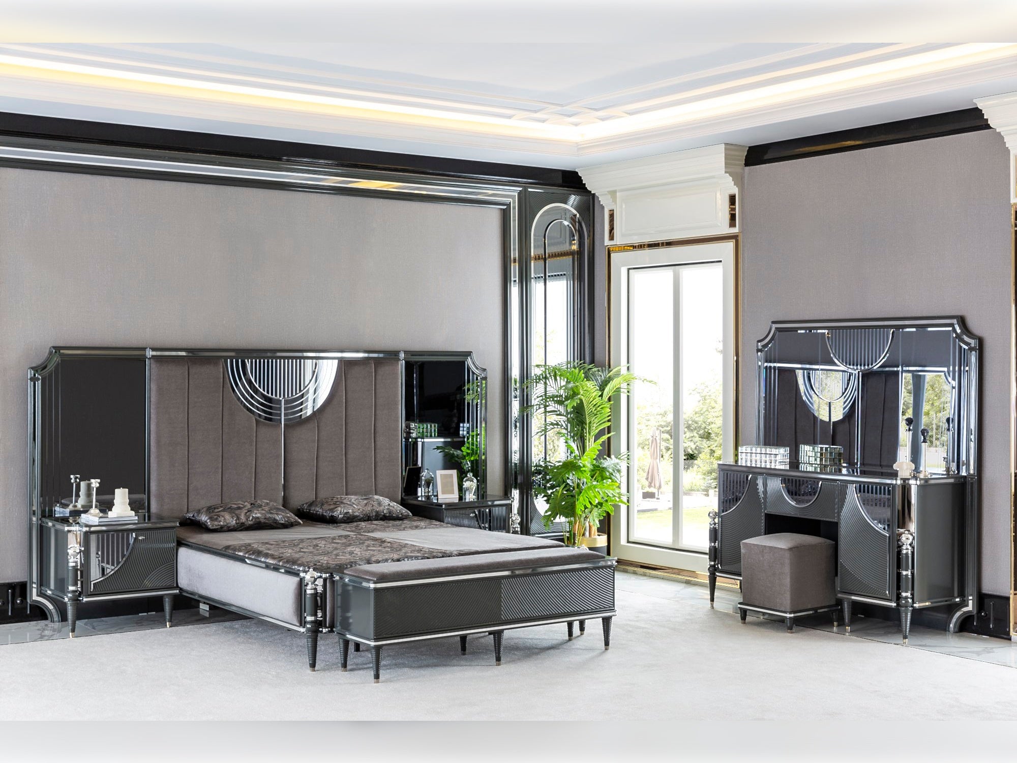 Prada Bedroom (Queen Storage Bed With Headboard & Dresser With Mirror & Pouf & 2 Nightstand With Back Panel & Bench)