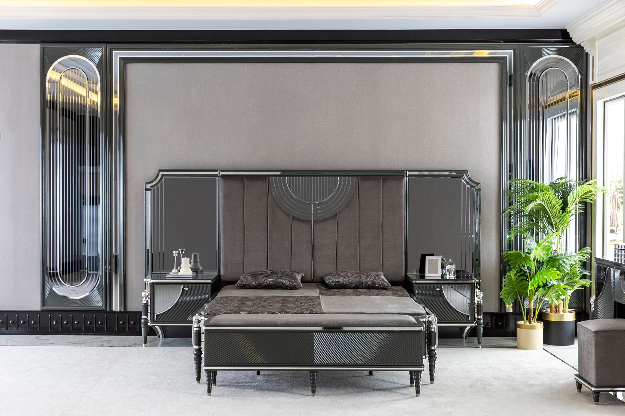 Prada Bedroom (Queen Storage Bed With Headboard & Dresser With Mirror & Pouf & 2 Nightstand With Back Panel & Bench)