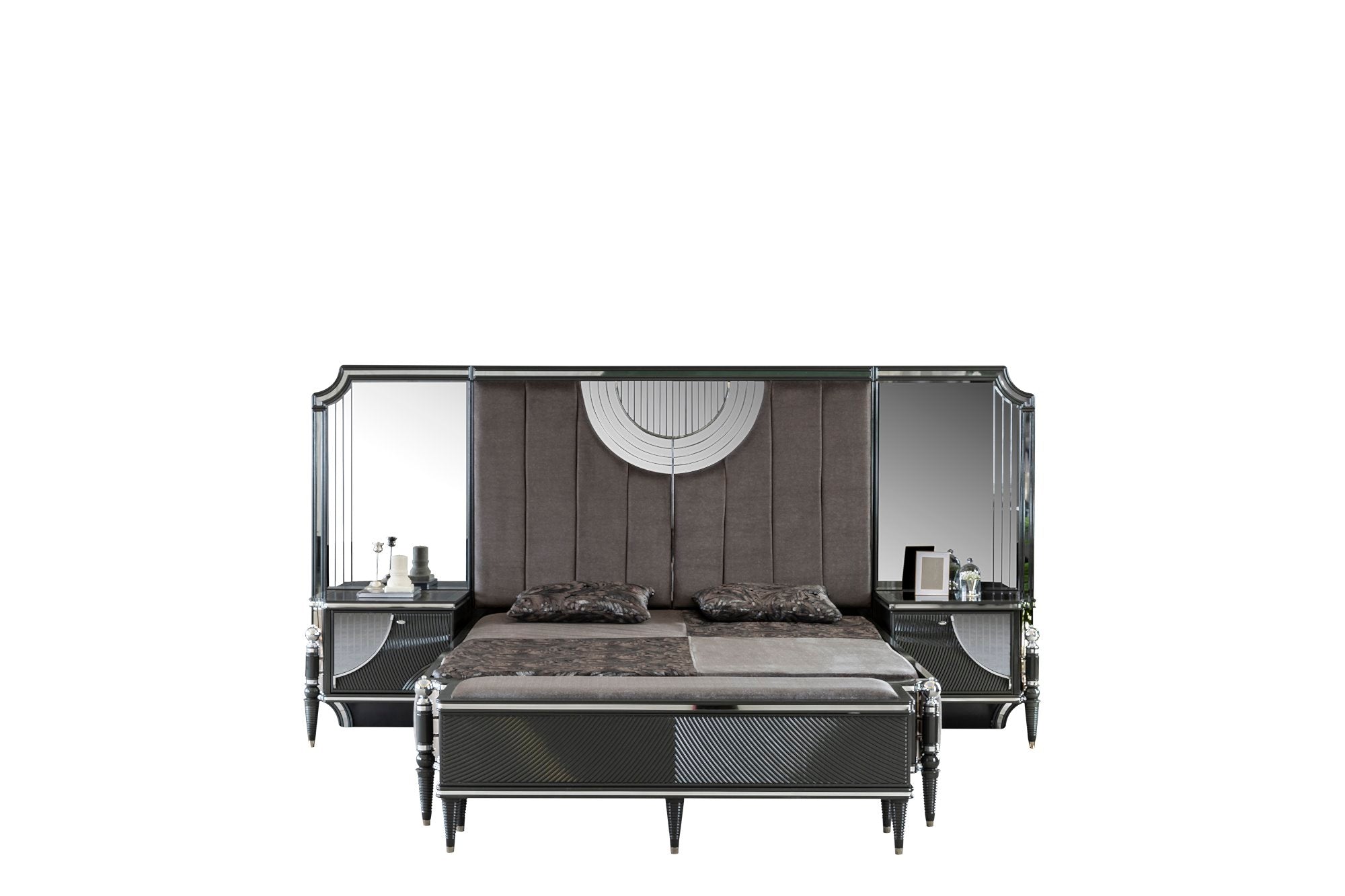 Prada Bedroom (Queen Storage Bed With Headboard & Dresser With Mirror & Pouf & 2 Nightstand With Back Panel & Bench)