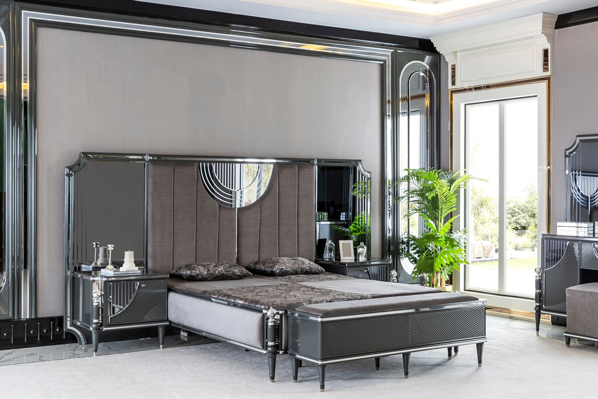 Prada Bedroom (Queen Storage Bed With Headboard & Dresser With Mirror & Pouf & 2 Nightstand With Back Panel & Bench)