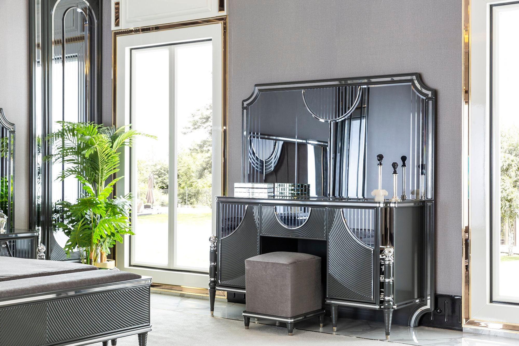 Prada Bedroom (Queen Storage Bed With Headboard & Dresser With Mirror & Pouf & 2 Nightstand With Back Panel & Bench)