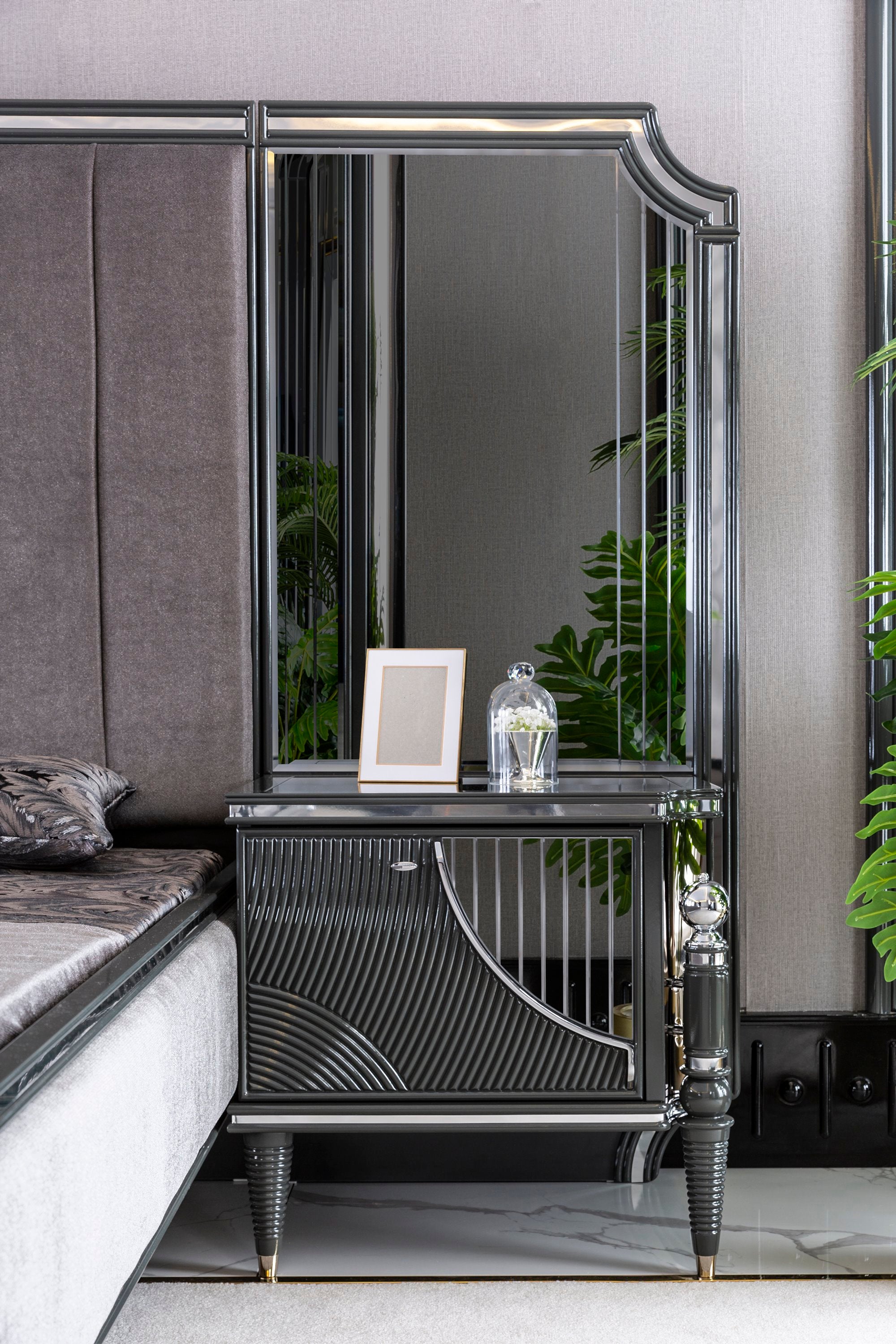 Prada Bedroom (Queen Storage Bed With Headboard & Dresser With Mirror & Pouf & 2 Nightstand With Back Panel & Bench)