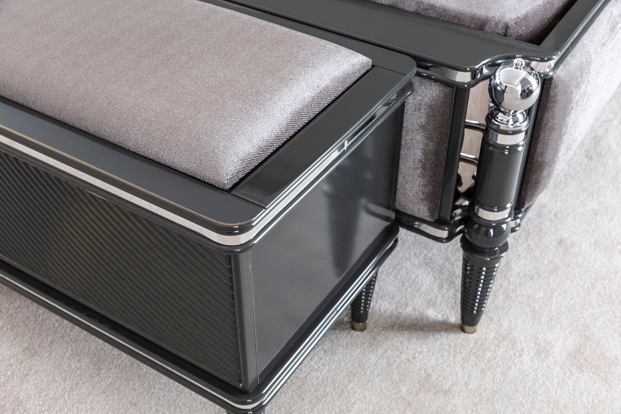 Prada Bedroom (Queen Storage Bed With Headboard & Dresser With Mirror & Pouf & 2 Nightstand With Back Panel & Bench)