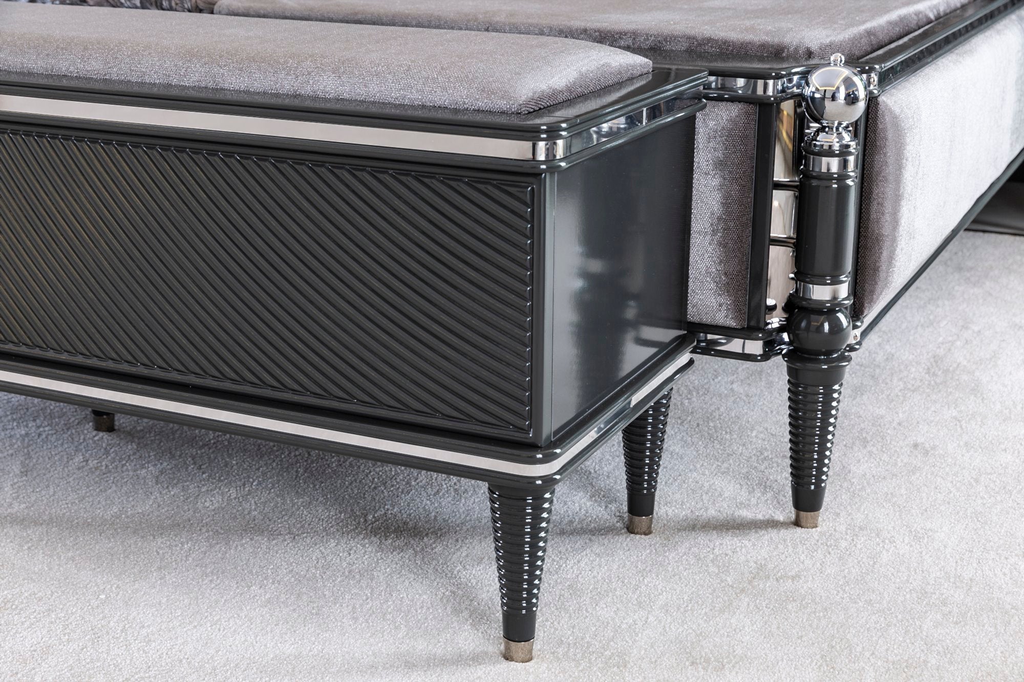 Prada Bedroom (Queen Storage Bed With Headboard & Dresser With Mirror & Pouf & 2 Nightstand With Back Panel & Bench)