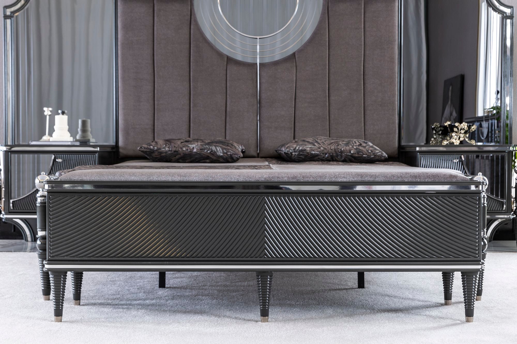 Prada Bedroom (Queen Storage Bed With Headboard & Dresser With Mirror & Pouf & 2 Nightstand With Back Panel & Bench)