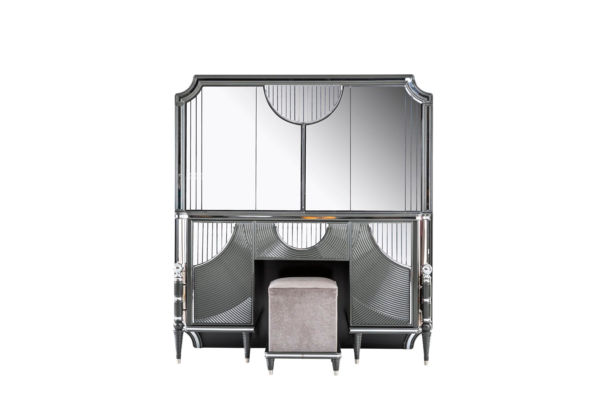 Prada Bedroom (Queen Storage Bed With Headboard & Dresser With Mirror & Pouf & 2 Nightstand With Back Panel & Bench)