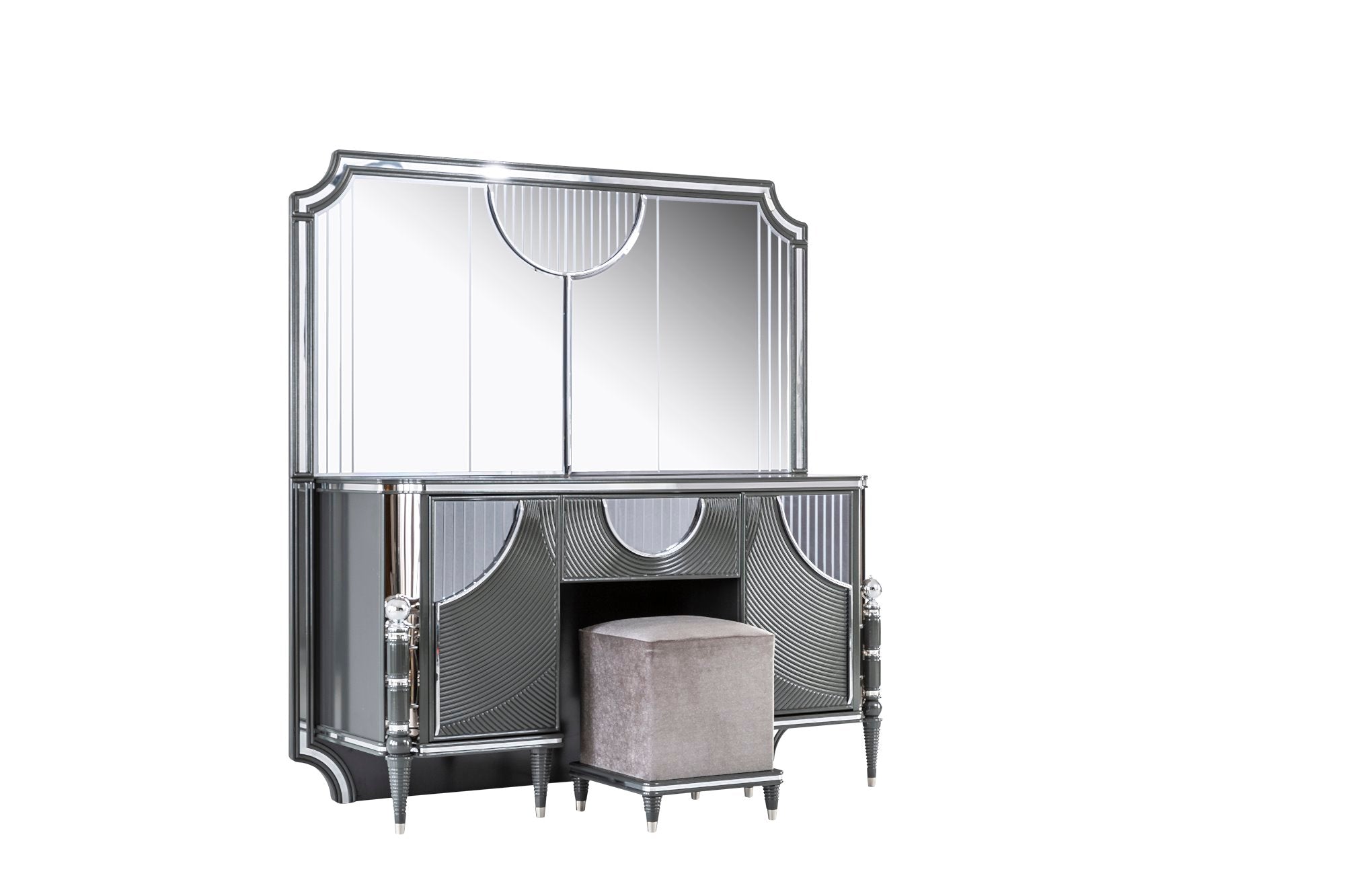 Prada Bedroom (Queen Storage Bed With Headboard & Dresser With Mirror & Pouf & 2 Nightstand With Back Panel & Bench)