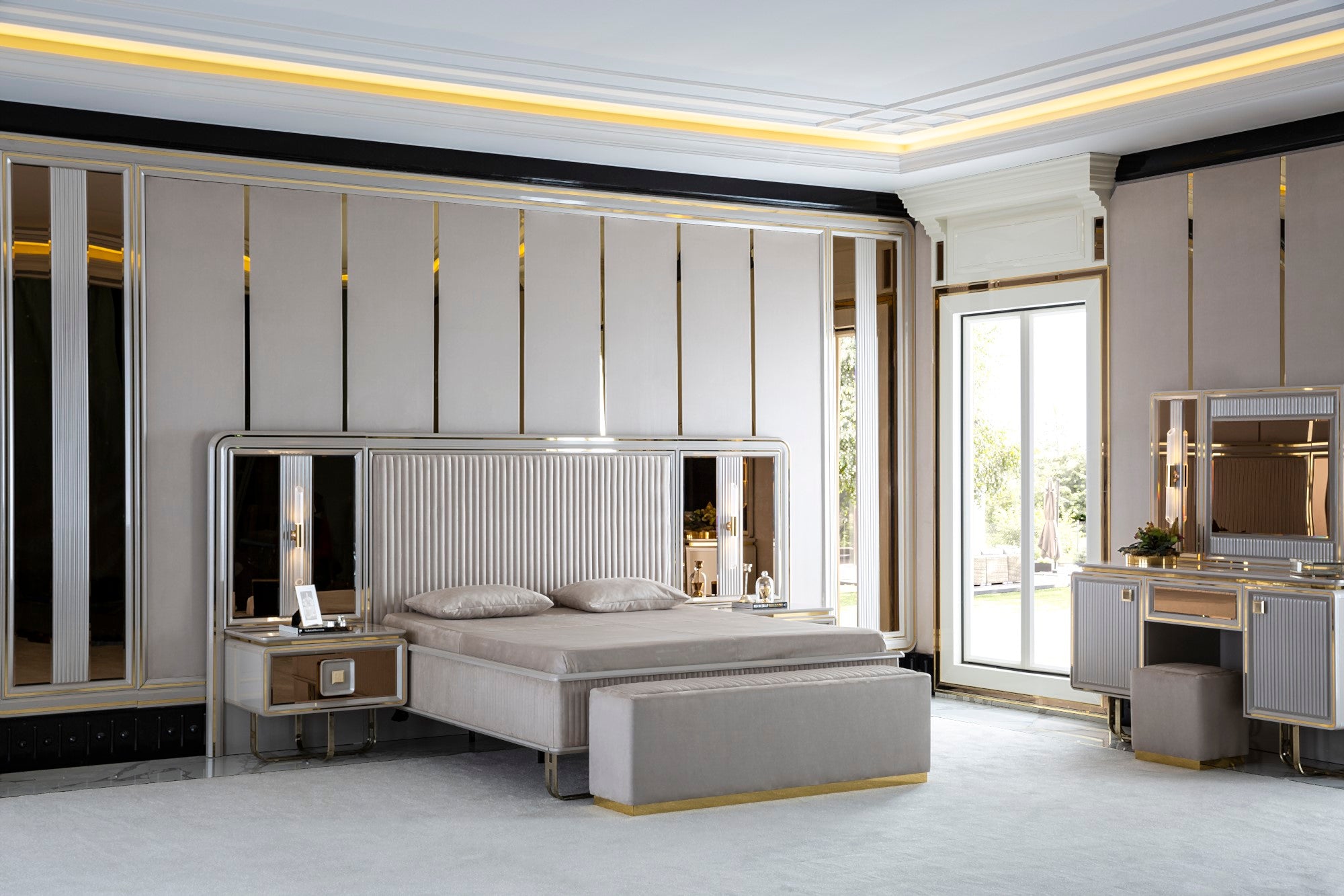 Barcelona Bedroom (Queen Storage Bed With Headboard & Dresser With Mirror & Pouf & 2 Nightstand With Back Panel & Bench)