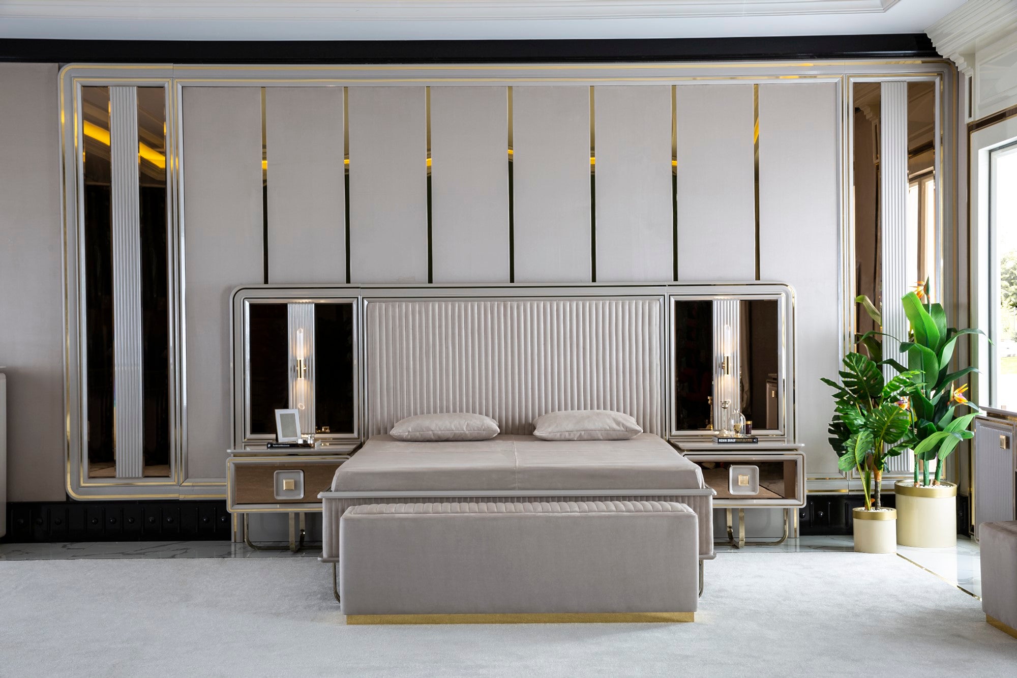 Barcelona Bedroom (Queen Storage Bed With Headboard & Dresser With Mirror & Pouf & 2 Nightstand With Back Panel & Bench)