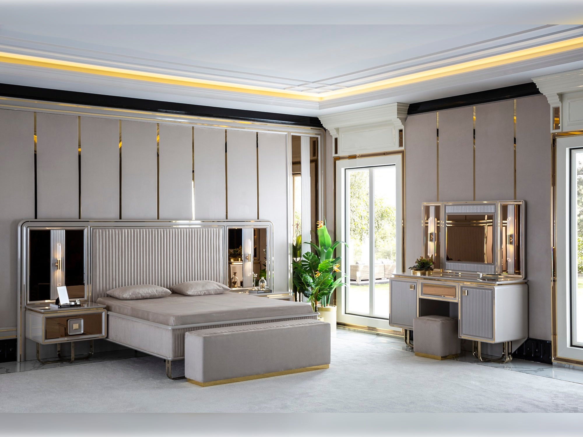 Barcelona Bedroom (Queen Storage Bed With Headboard & Dresser With Mirror & Pouf & 2 Nightstand With Back Panel & Bench)