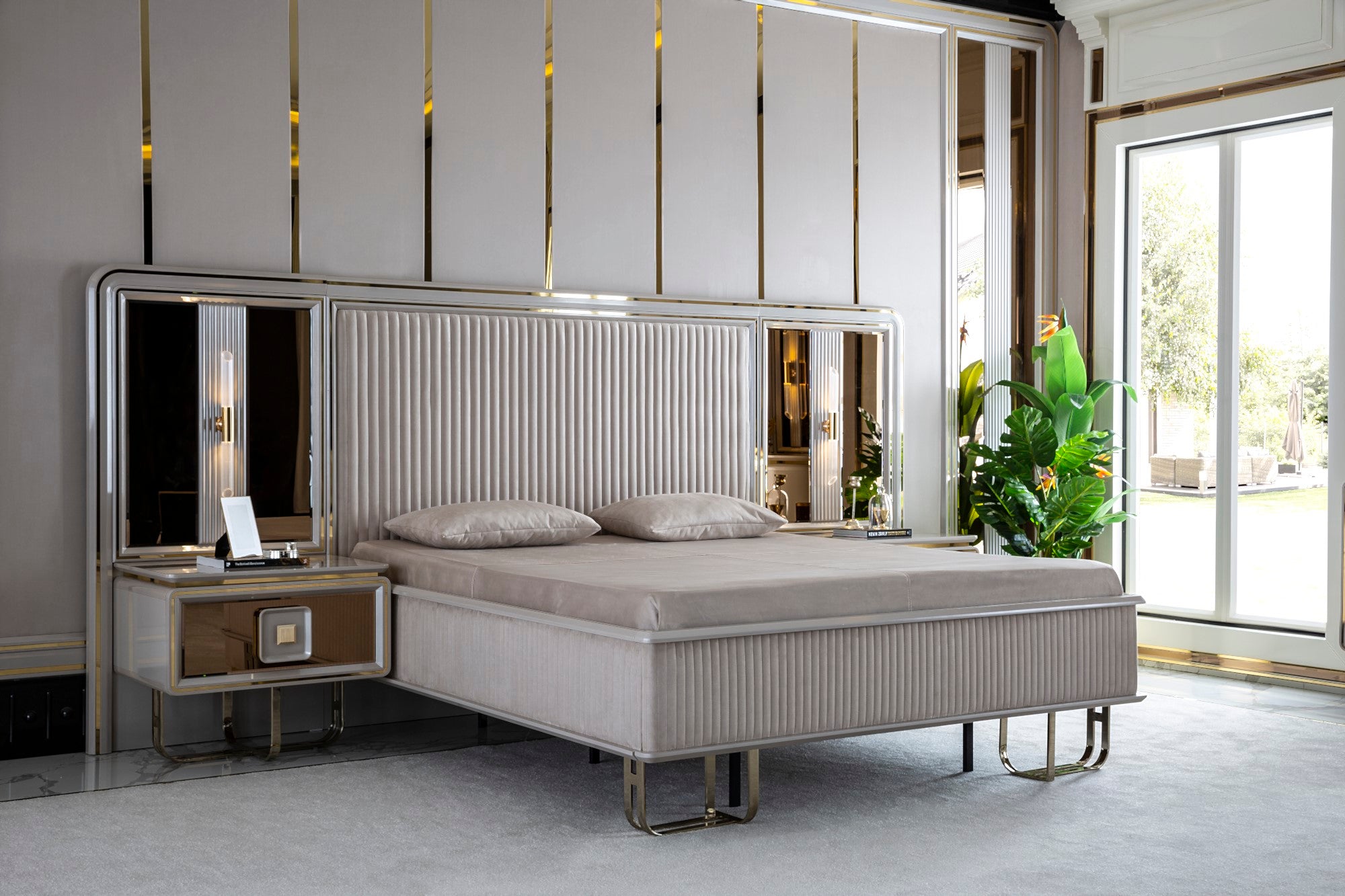 Barcelona Bedroom (Queen Storage Bed With Headboard & Dresser With Mirror & Pouf & 2 Nightstand With Back Panel & Bench)