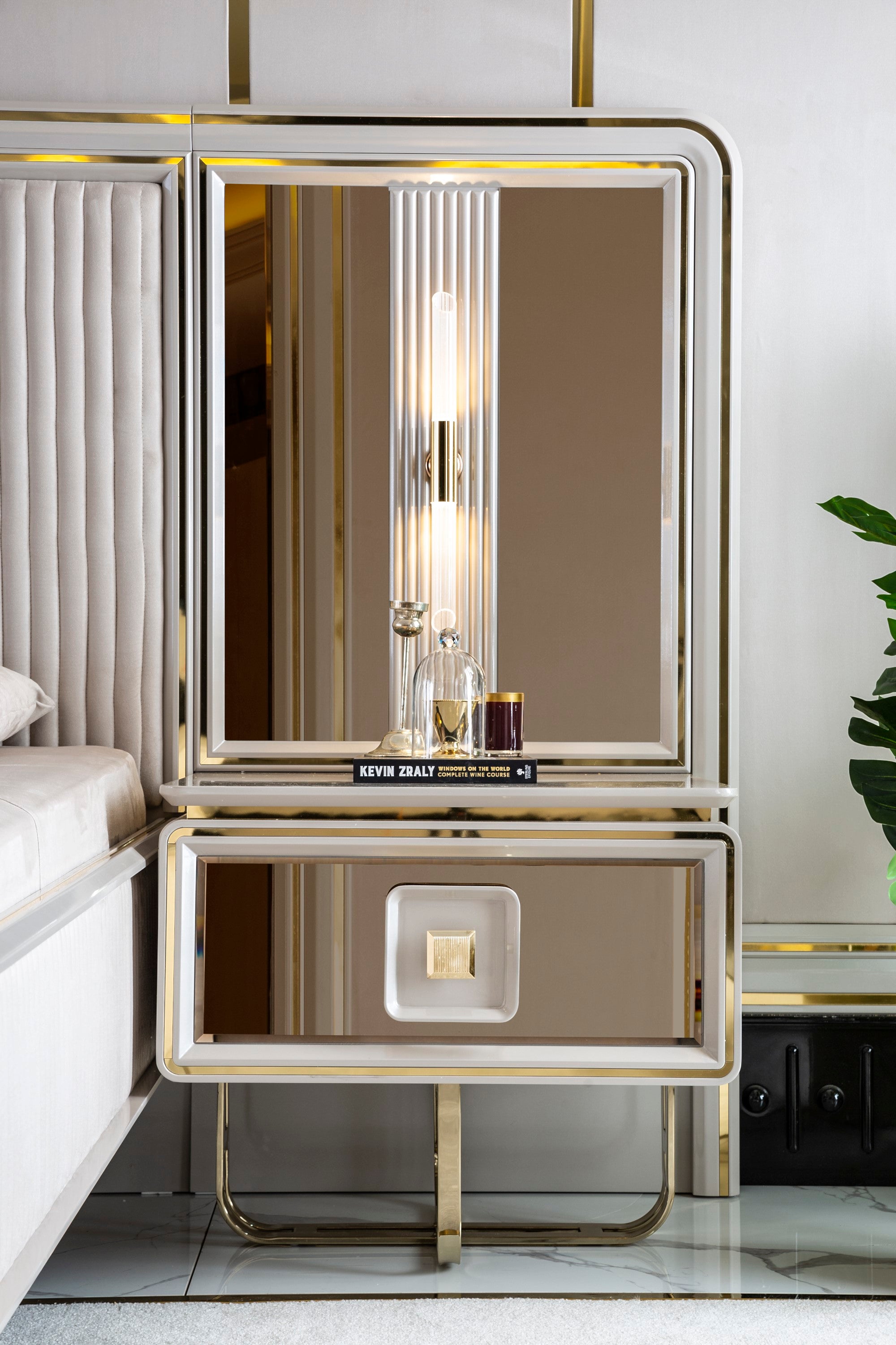 Barcelona Bedroom (Queen Storage Bed With Headboard & Dresser With Mirror & Pouf & 2 Nightstand With Back Panel & Bench)