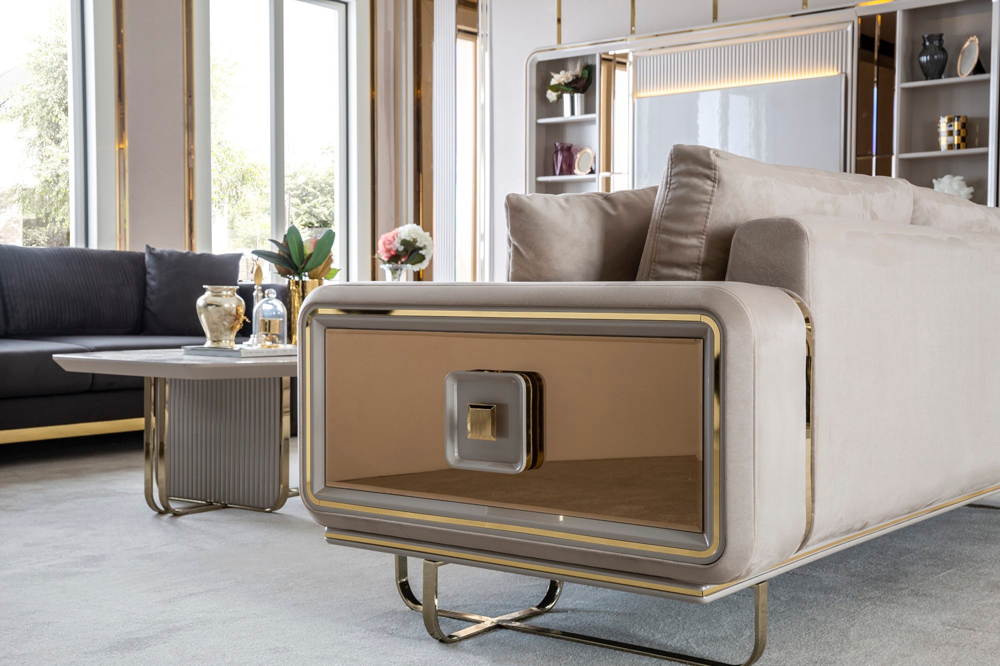 Barcelona Stationary Livingroom Set (1 Closed Sofa & 1 Mirrored & 2 Chair)