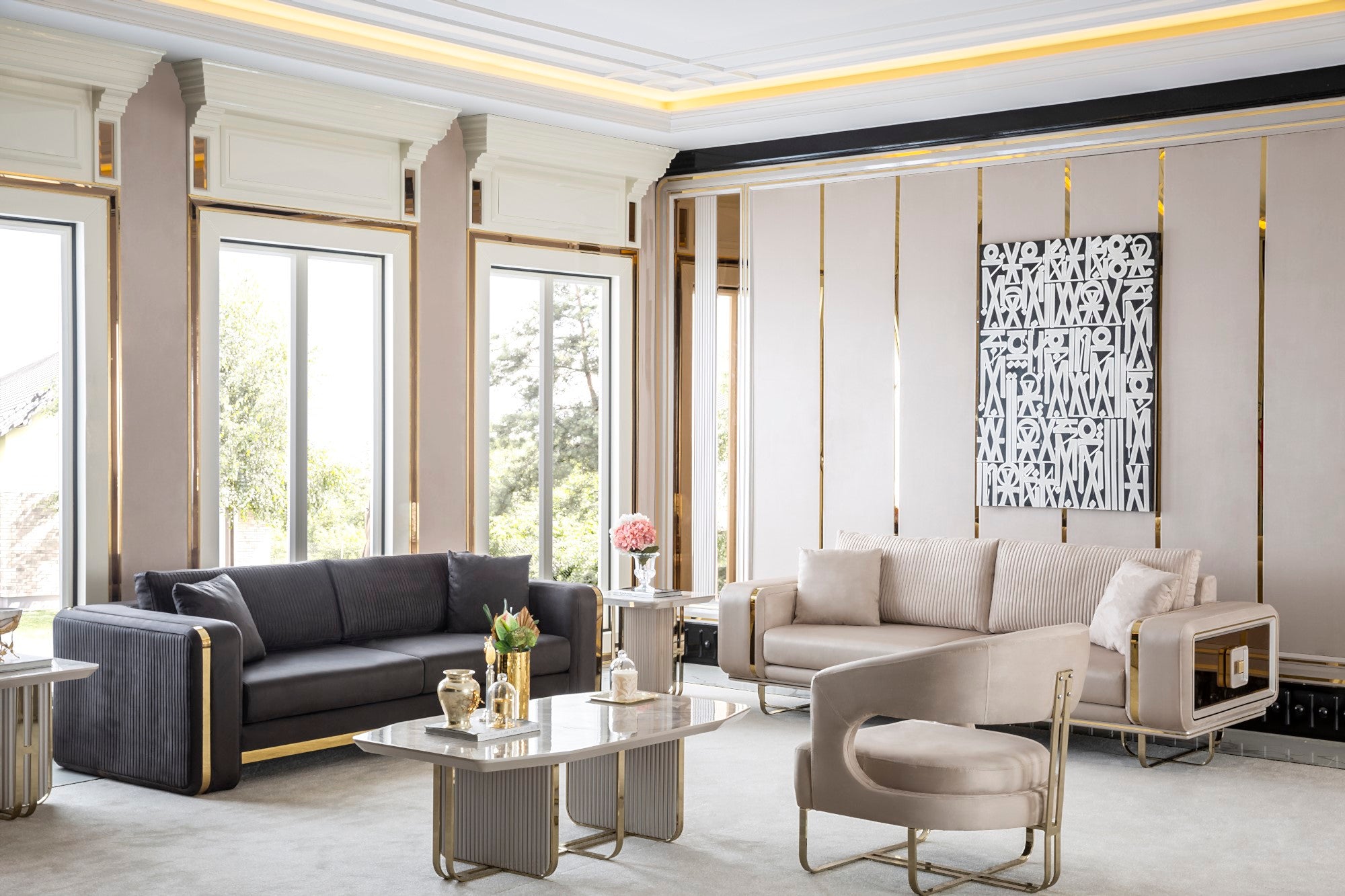 Barcelona Stationary Livingroom Set (1 Closed Sofa & 1 Mirrored & 2 Chair)