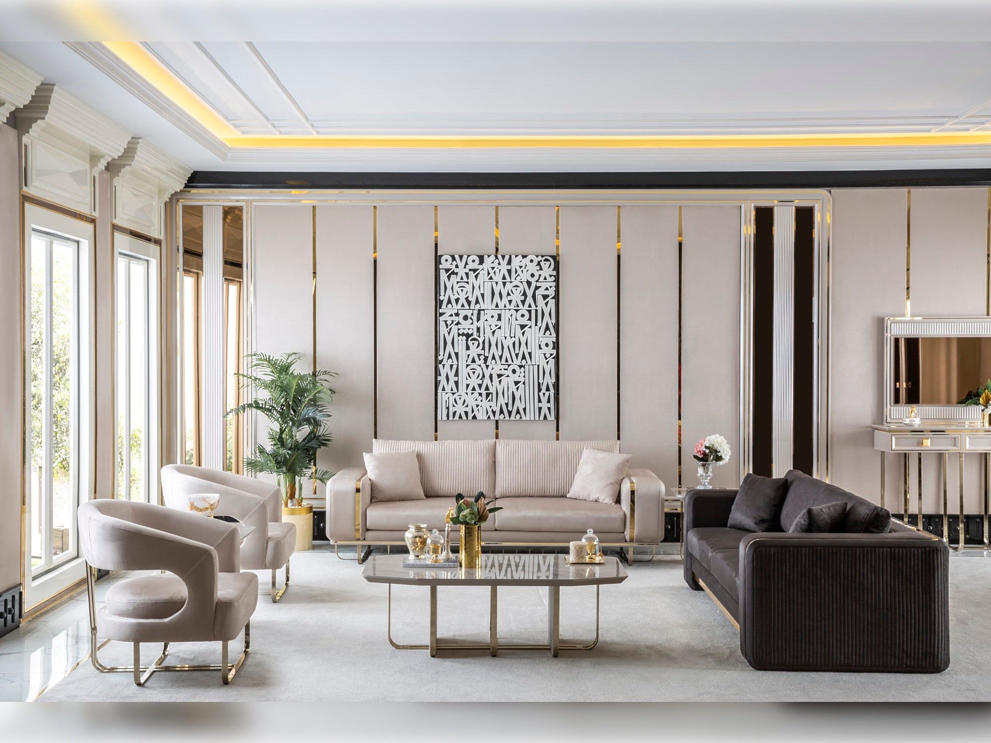 Barcelona Stationary Livingroom Set (1 Closed Sofa & 1 Mirrored & 2 Chair)