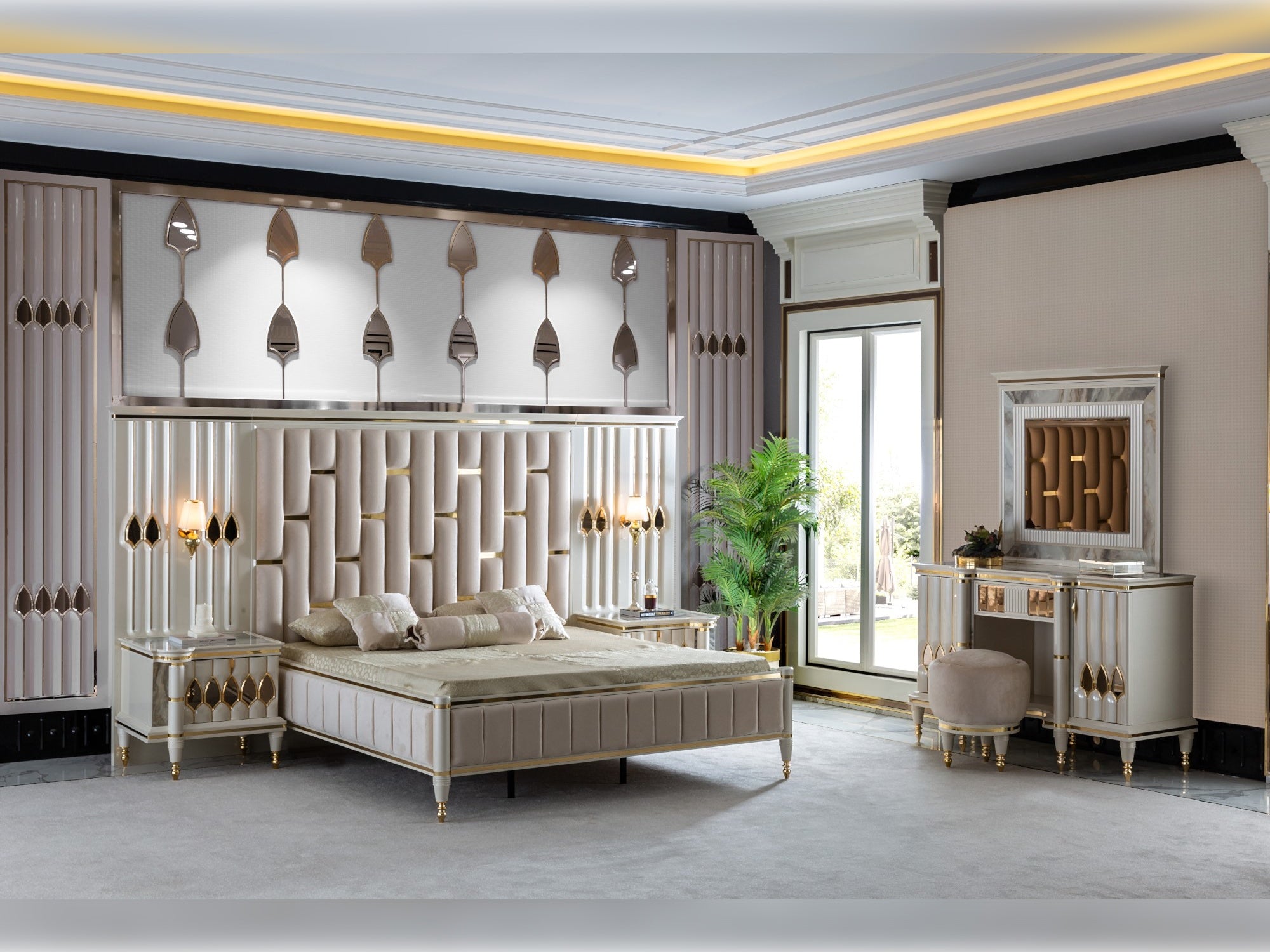Diamond Bedroom (Queen Storage Bed With Headboard & Dresser With Mirror & Pouf & 2 Nightstand With Back Panel & Bench)