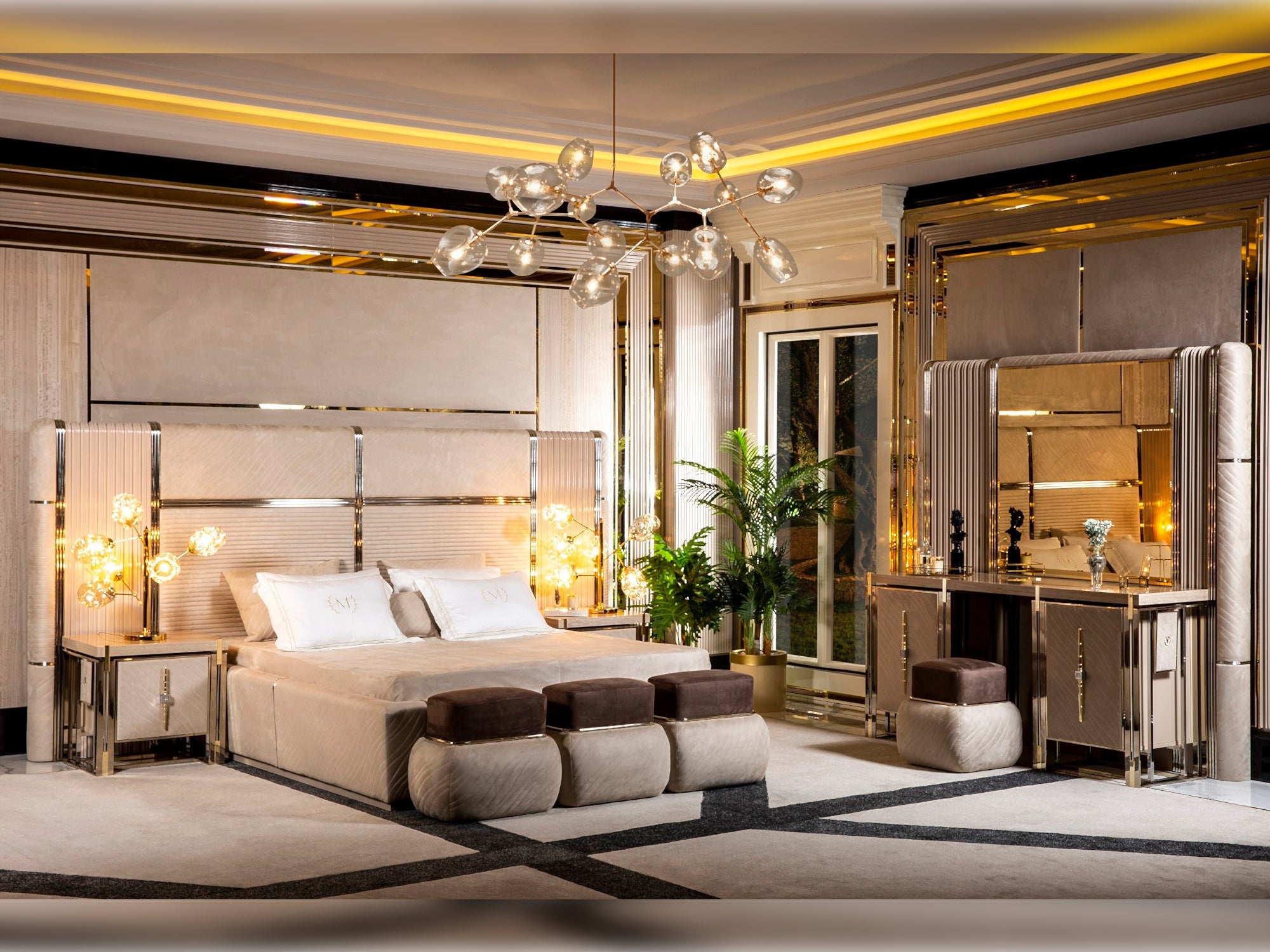 Vegas Bedroom (Queen Storage Bed With Headboard & Dresser With Mirror & Pouf & 2 Nightstand With Back Panel & Bench)