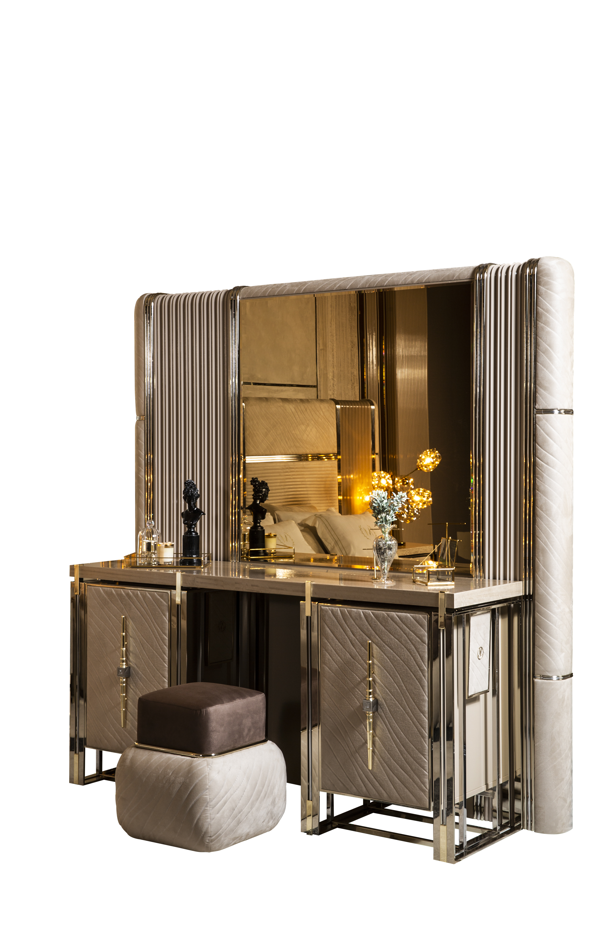 Vegas Bedroom (Queen Storage Bed With Headboard & Dresser With Mirror & Pouf & 2 Nightstand With Back Panel & Bench)
