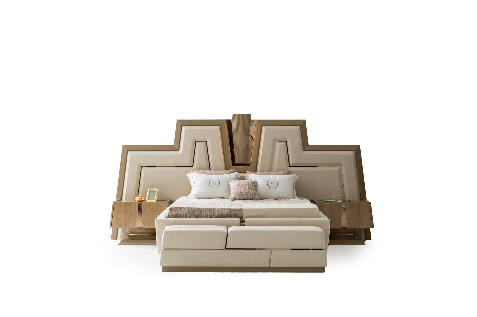 Keops Bedroom (Queen Storage Bed With Headboard & Dresser With Mirror & Pouf & 2 Nightstand With Back Panel & Bench)