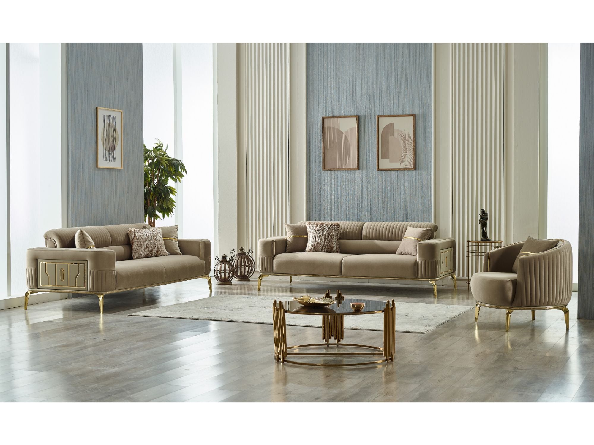Armoni Convertible Livingroom (2 Sofa & 2 Chair) Beige With Gold Legs