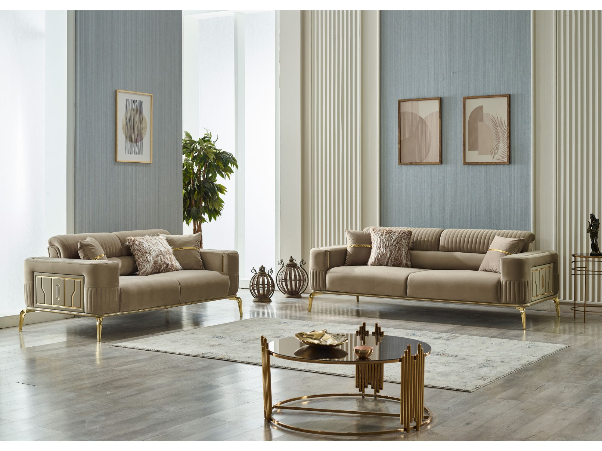 Armoni Convertible Loveseat Beige With Gold Legs