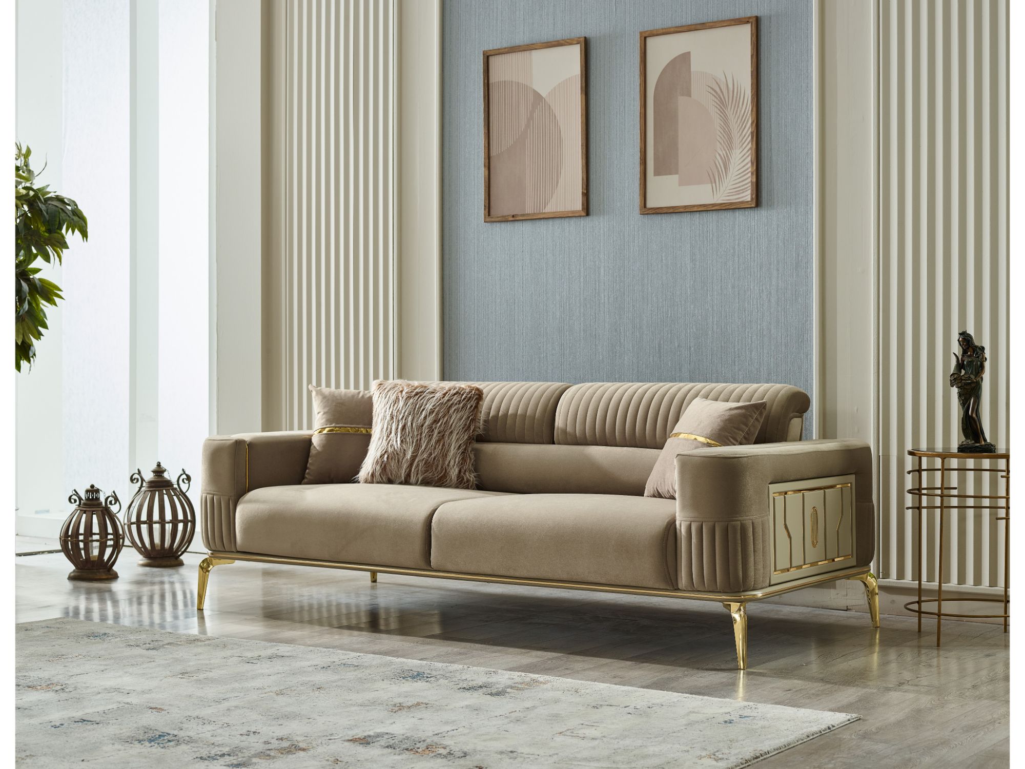 Armoni Convertible Livingroom (2 Sofa & 2 Chair) Beige With Gold Legs