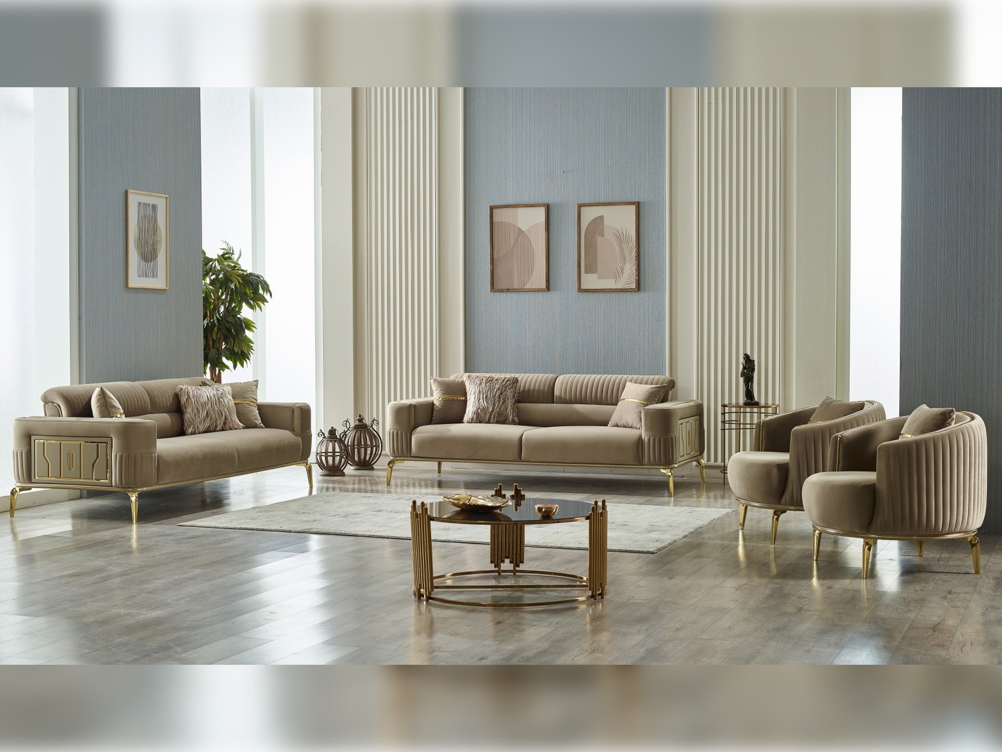 Armoni Convertible Livingroom (2 Sofa & 2 Chair) Beige With Gold Legs