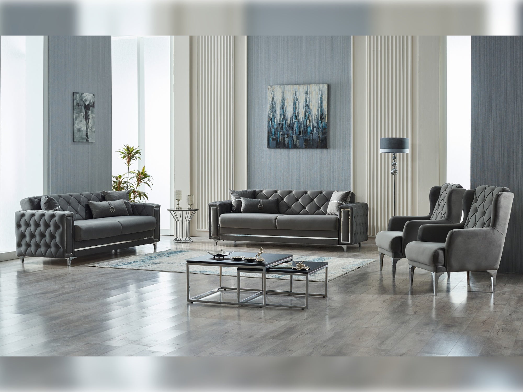 Bolivya Convertible Livingroom (2 Sofa & 2 Chair) Grey With Silver Leg