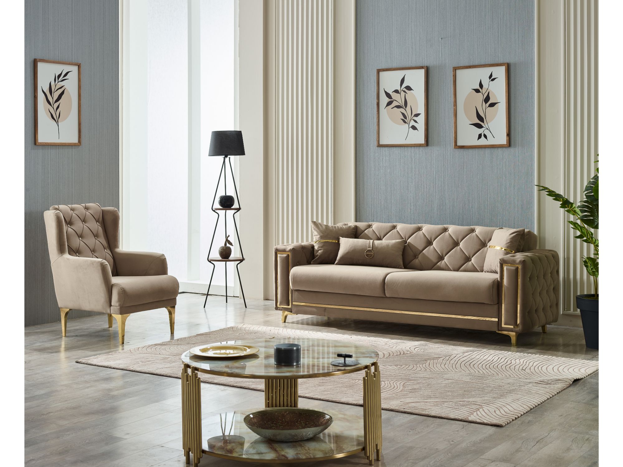 Bolivya Convertible Sofa Beige With Gold Legs
