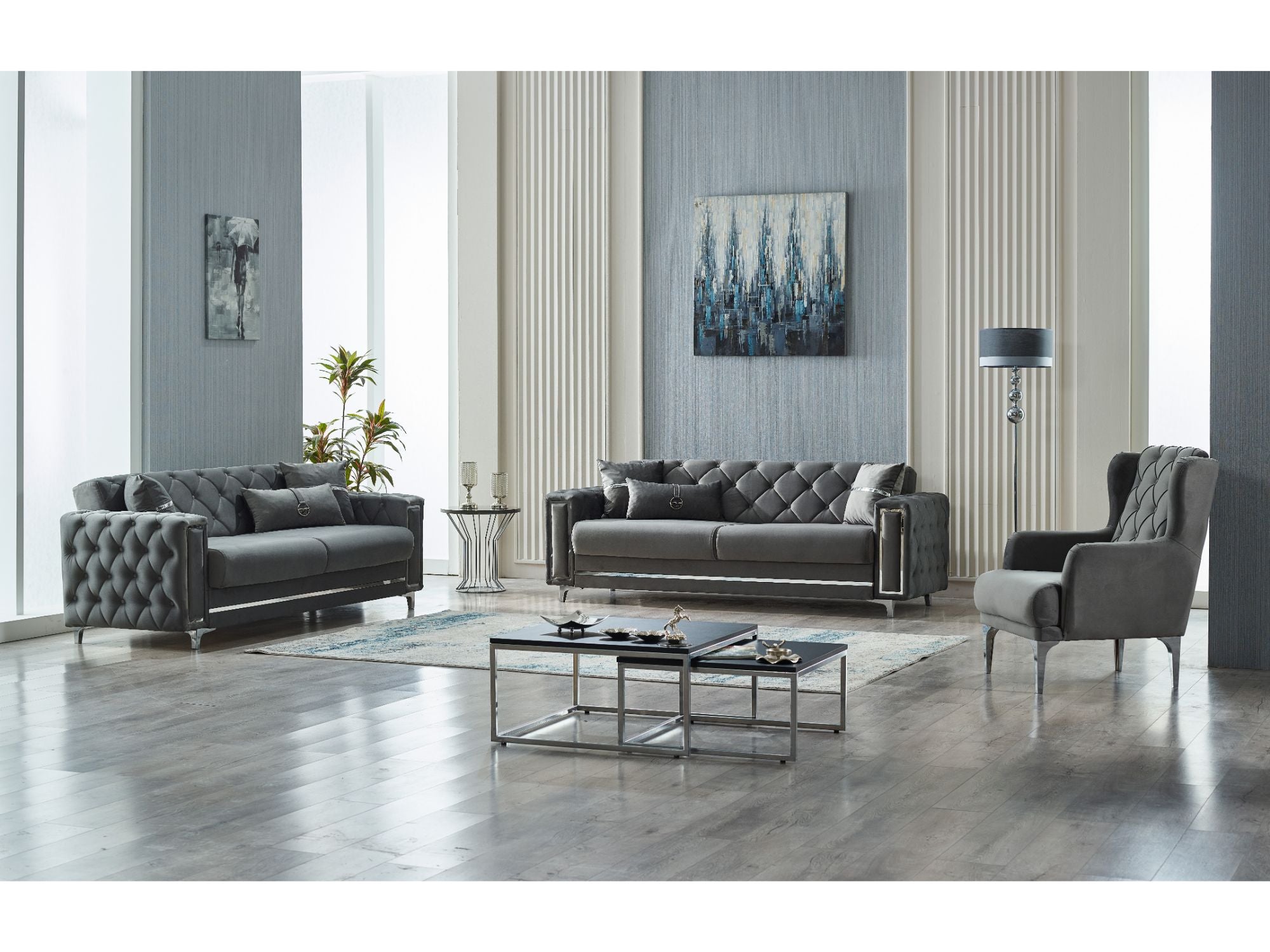 Bolivya Convertible Livingroom (2 Sofa & 2 Chair) Grey With Silver Leg