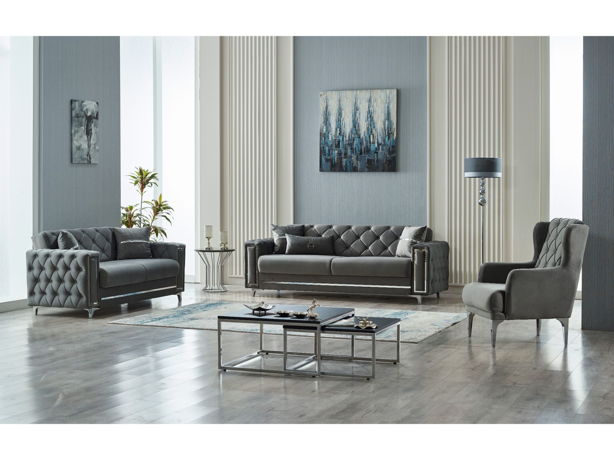 Bolivya Convertible Livingroom (2 Sofa & 2 Chair) Grey With Silver Leg