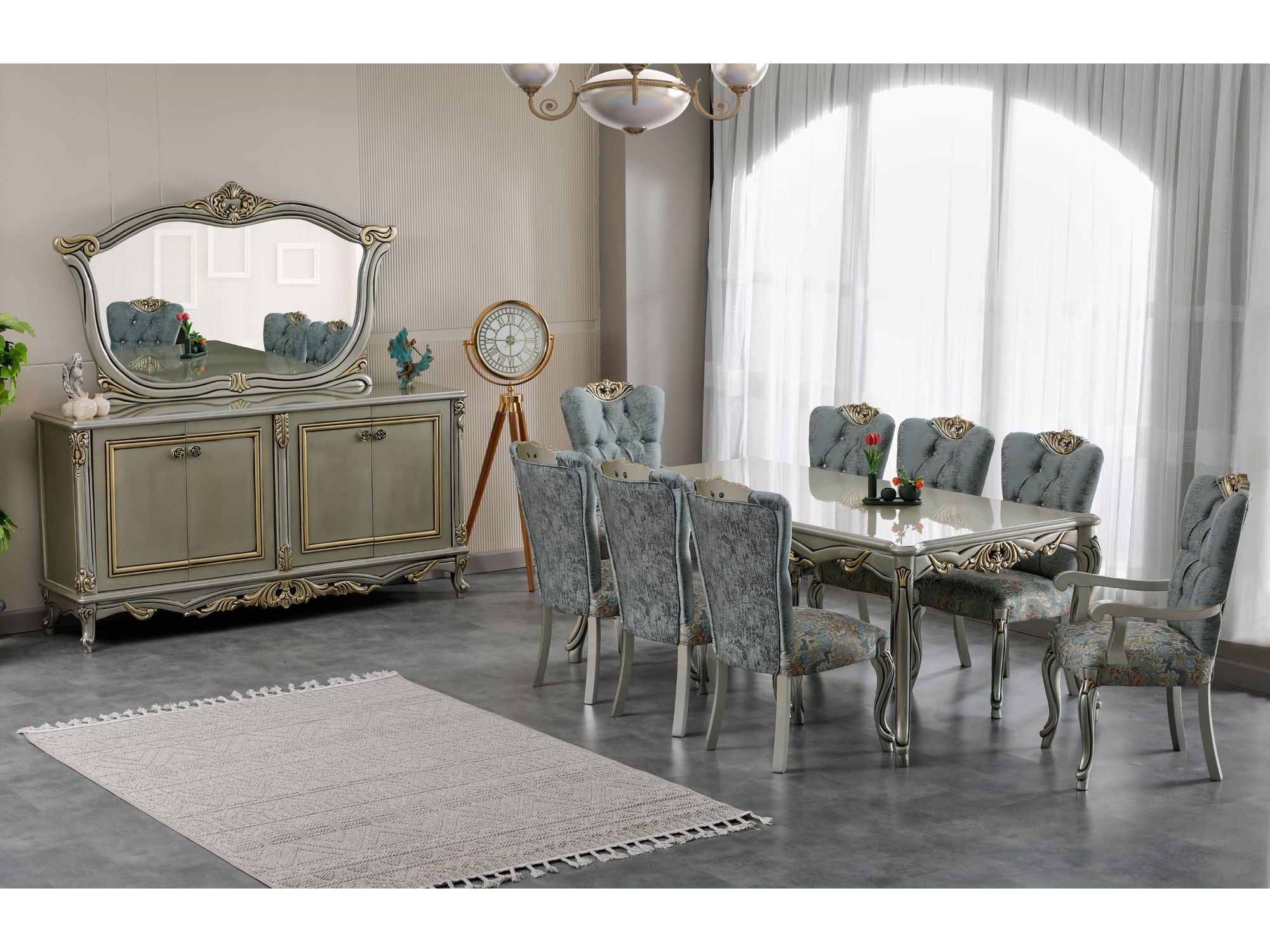 Buse Diningroom (Consol With Mirror & Dining Table & 2 Arm Chair & 4 Chair) Light Green