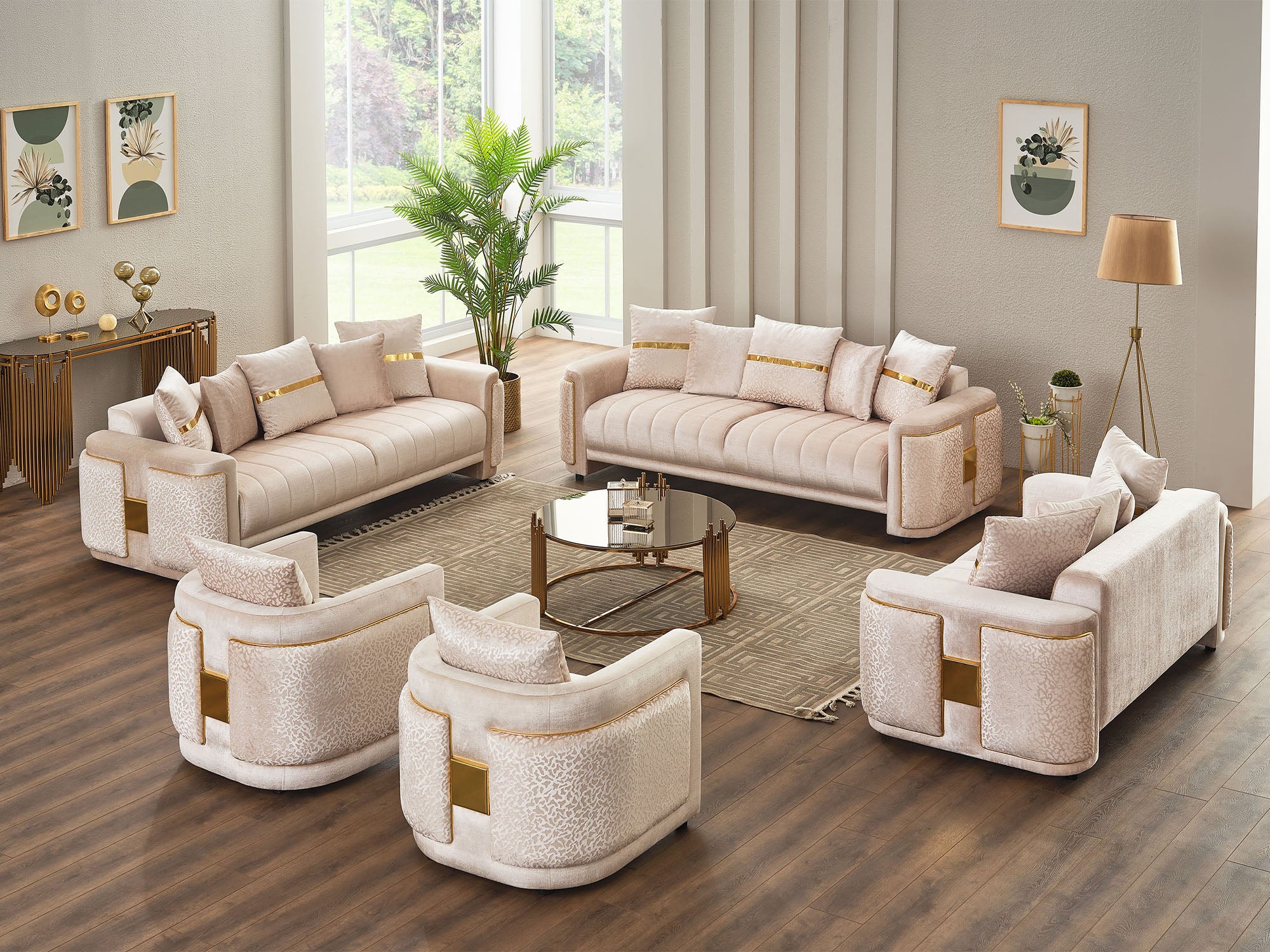 Detroit 5-pieces (2 Sofa & Loveseat & 2 Chair) Livingroom Set Beige