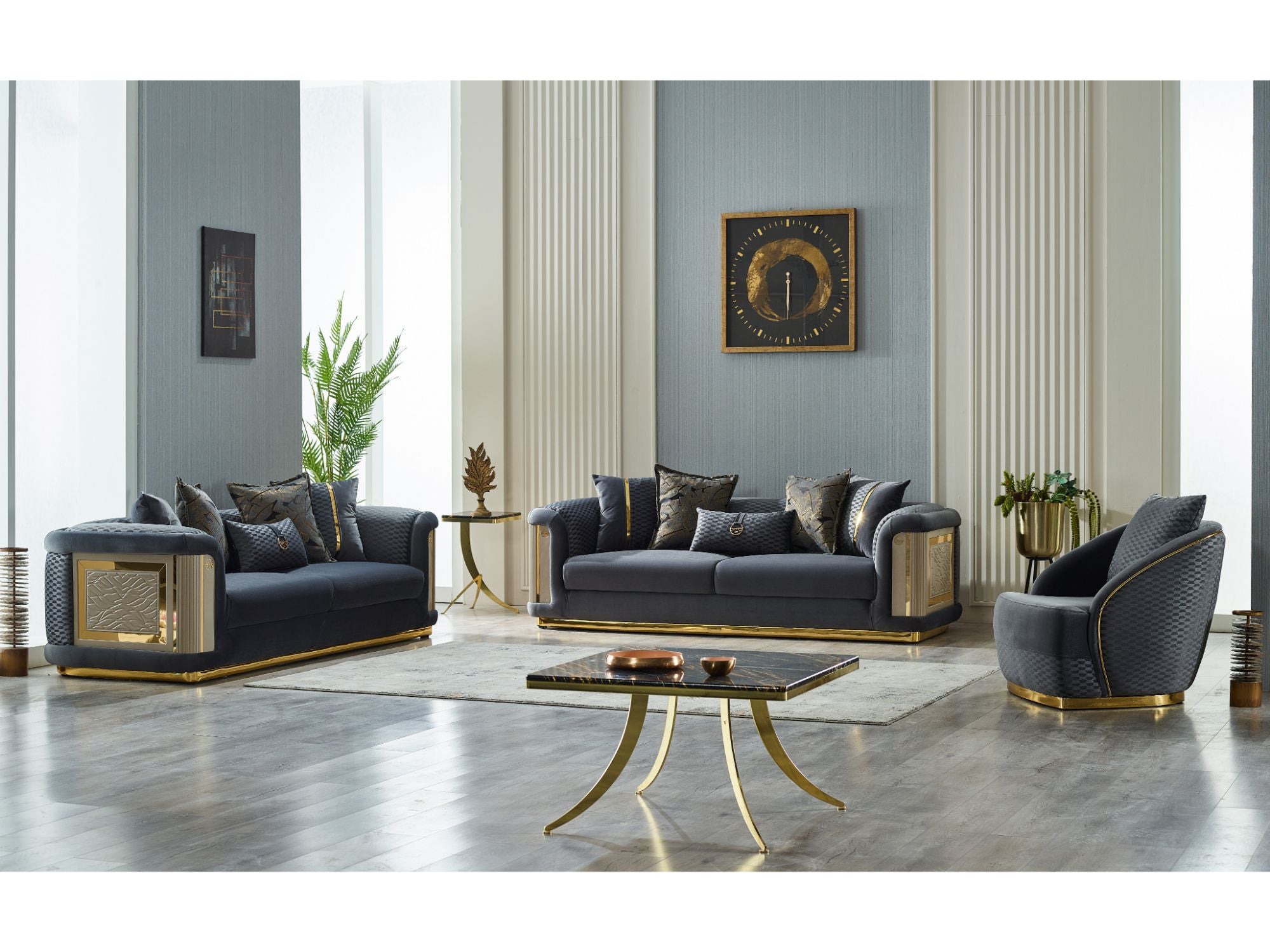 Elegance 3-pieces (Sofa & Loveseat & Chair) Livingroom Set Dark Grey