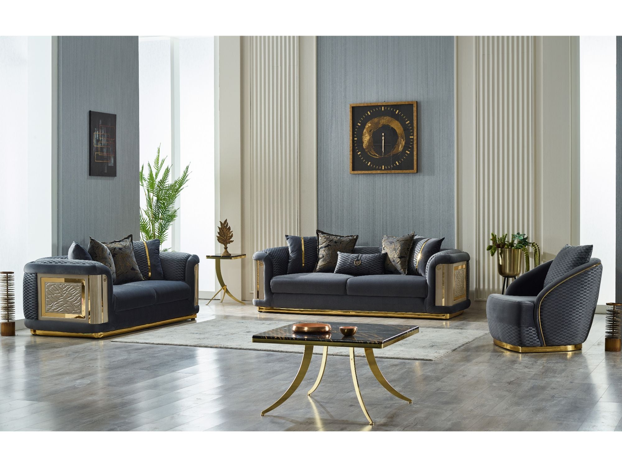 Elegance 3-pieces (Sofa & Loveseat & Chair) Livingroom Set Dark Grey