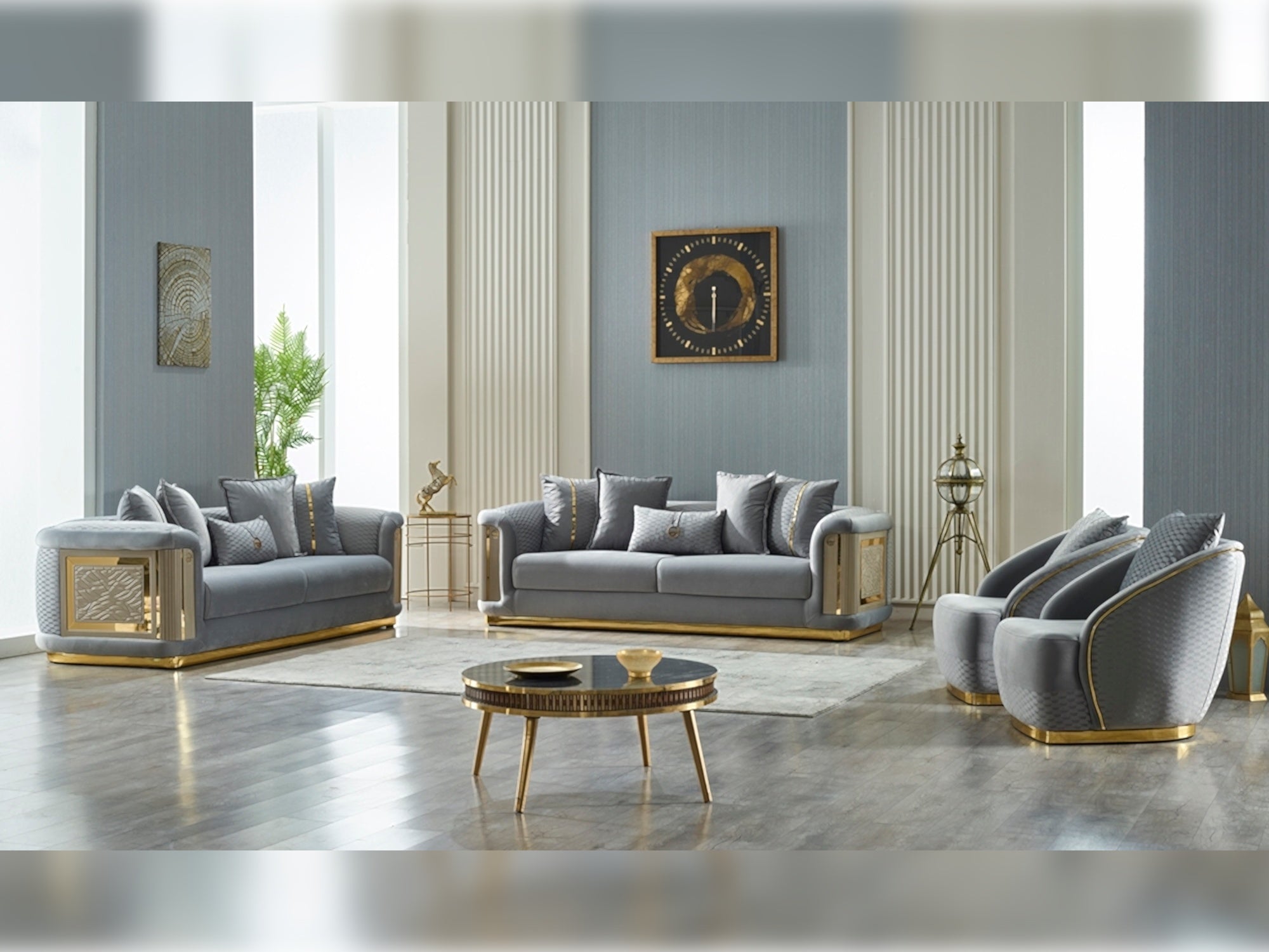 Elegance Stationary Livingroom (2 Sofa & 2 Chair) Light Grey