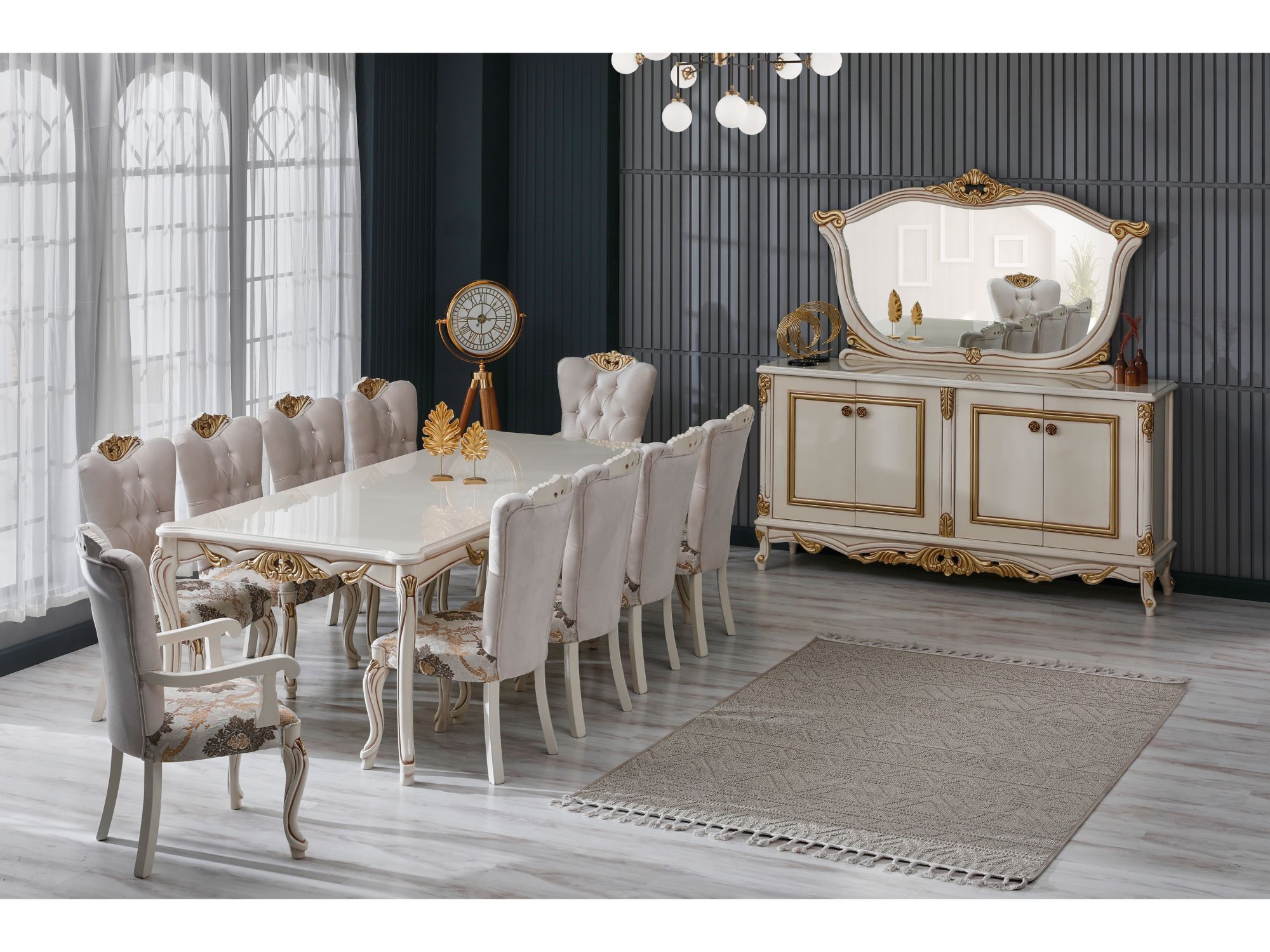 Buse Diningroom (Consol With Mirror & Dining Table & 2 Arm Chair & 4 Chair) Cream