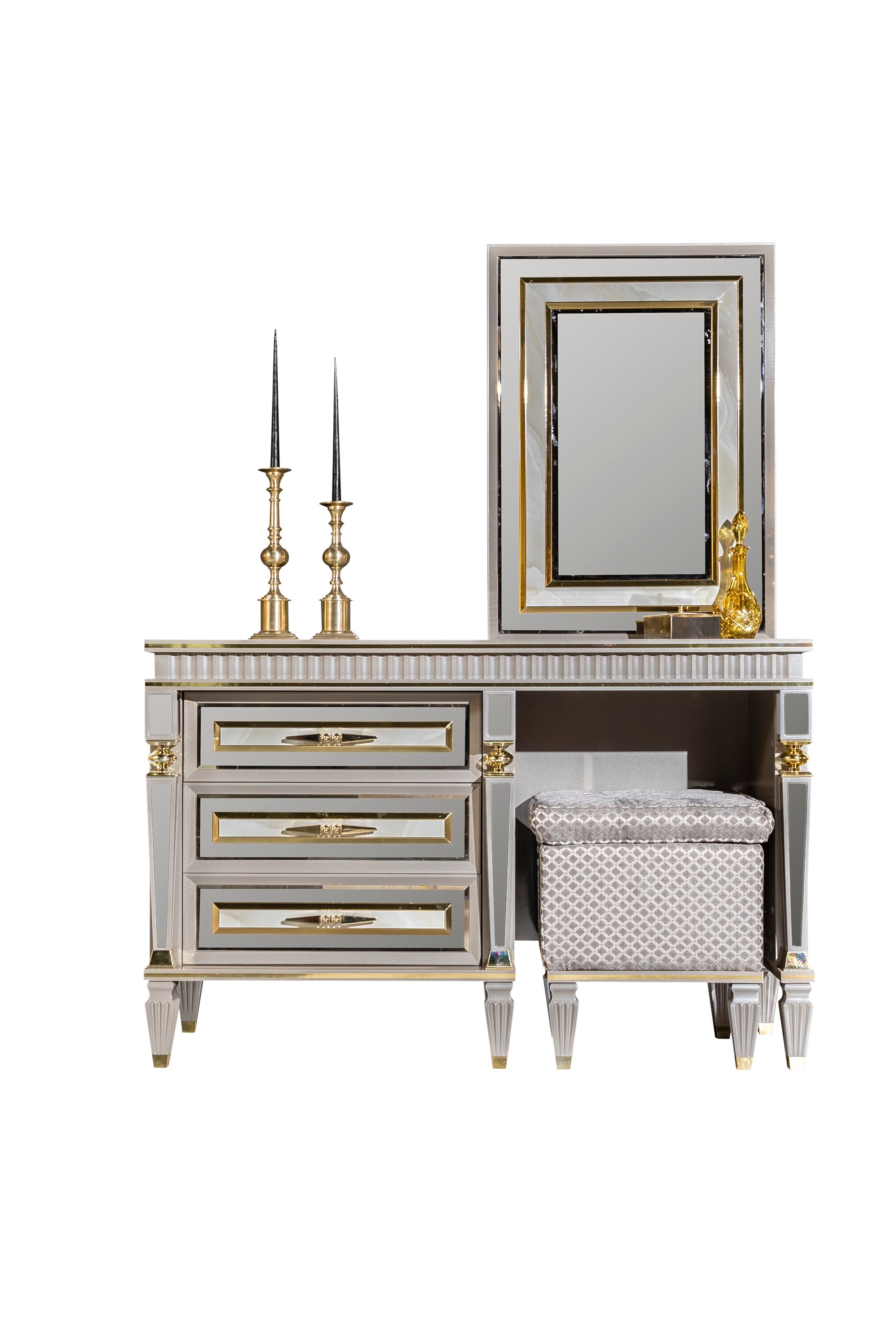 Istanbul Bedroom (Queen Storage Bed With Headboard & Dresser With Mirror & Pouf & 2 Nightstand With Back Panel & Bench)