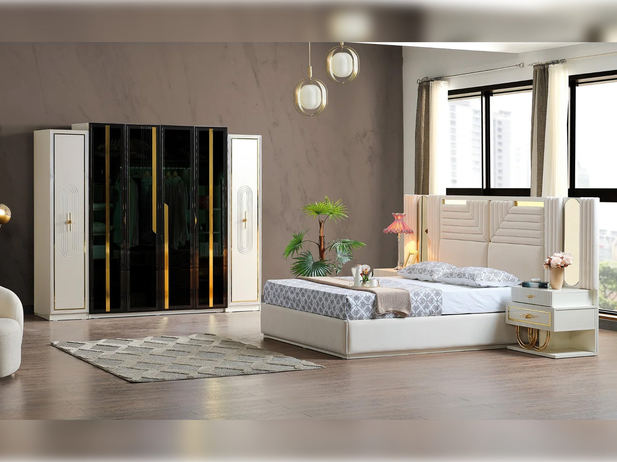 Marsel Bedroom (Queen Storage Bed With Headboard & Dresser With Mirror & 2 Nightstand With Back Part)