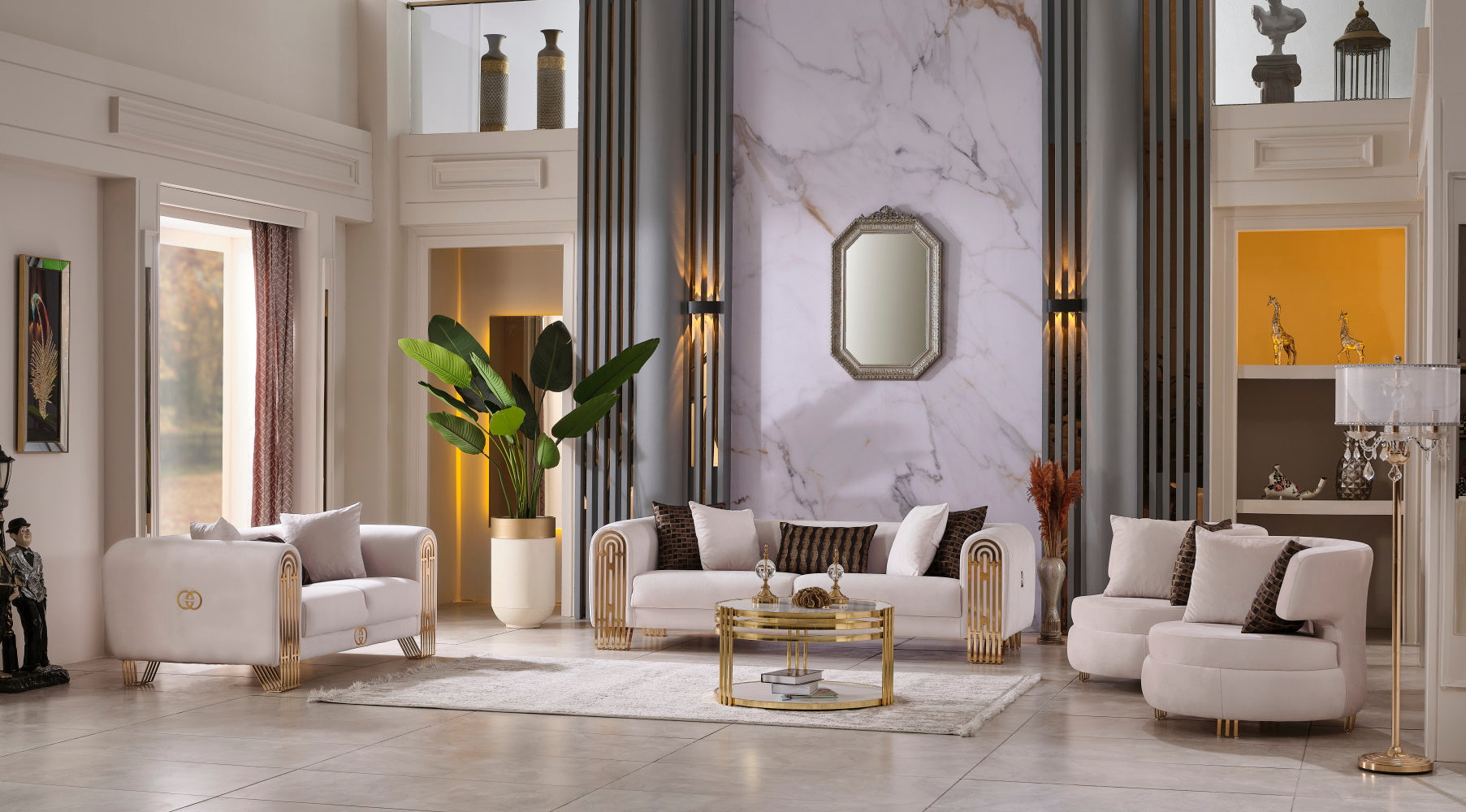 Monaco Stationary Livingroom Set (2 Sofa & 2 Chair) Cream