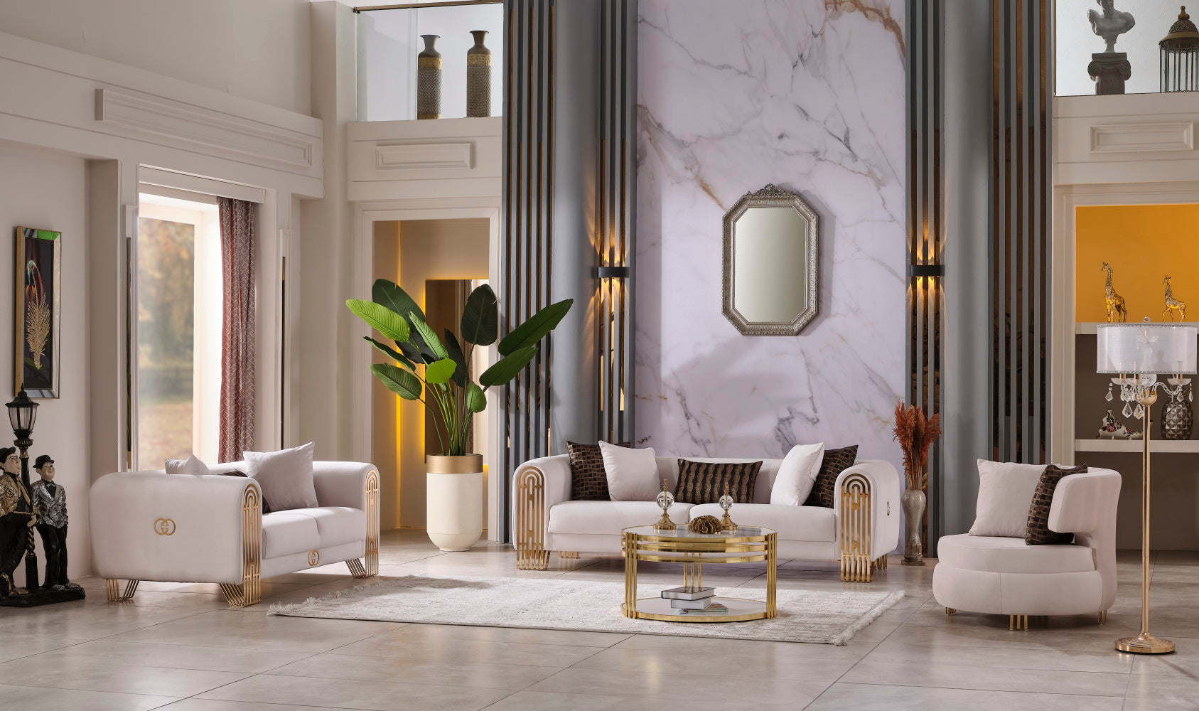 Monaco Stationary Livingroom Set (2 Sofa & 2 Chair) Cream